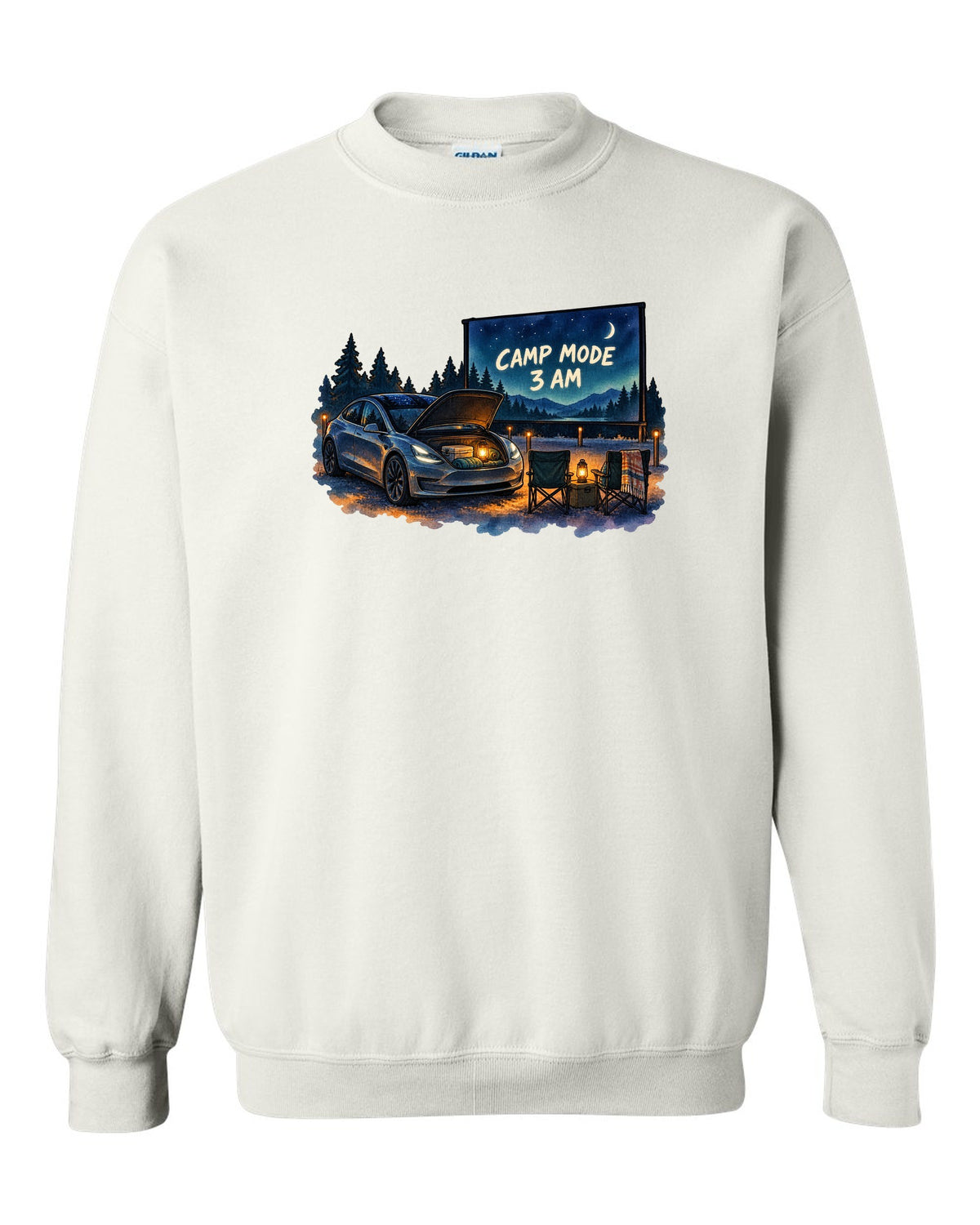 Watercolor wash print of a Tesla Model 3 with the words Camp Mode 3 AM white crewneck front view with the design