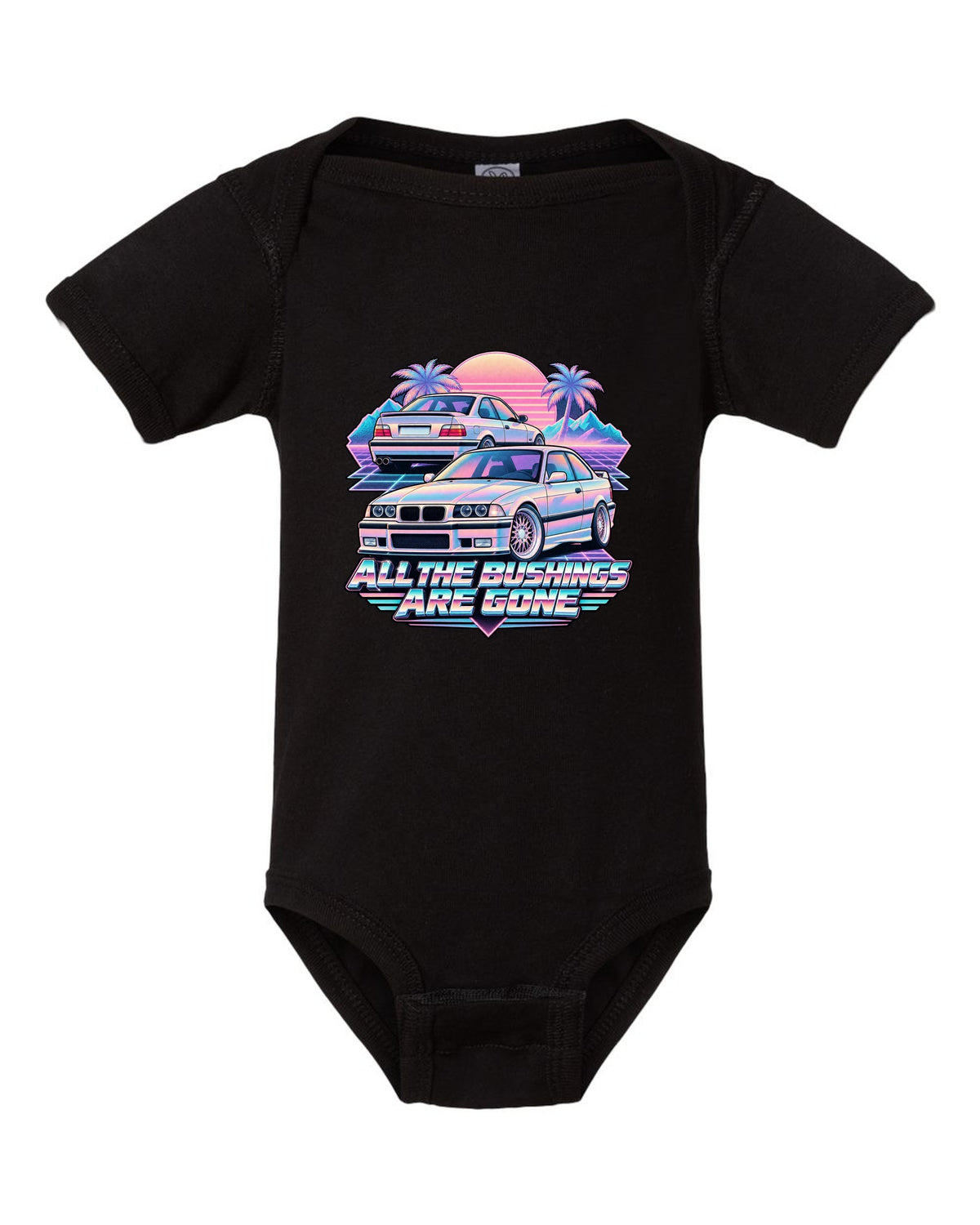 Vaporwave print of a BMW E36 M3 taillight with all the bushings are gone text black baby onesie front view with the design