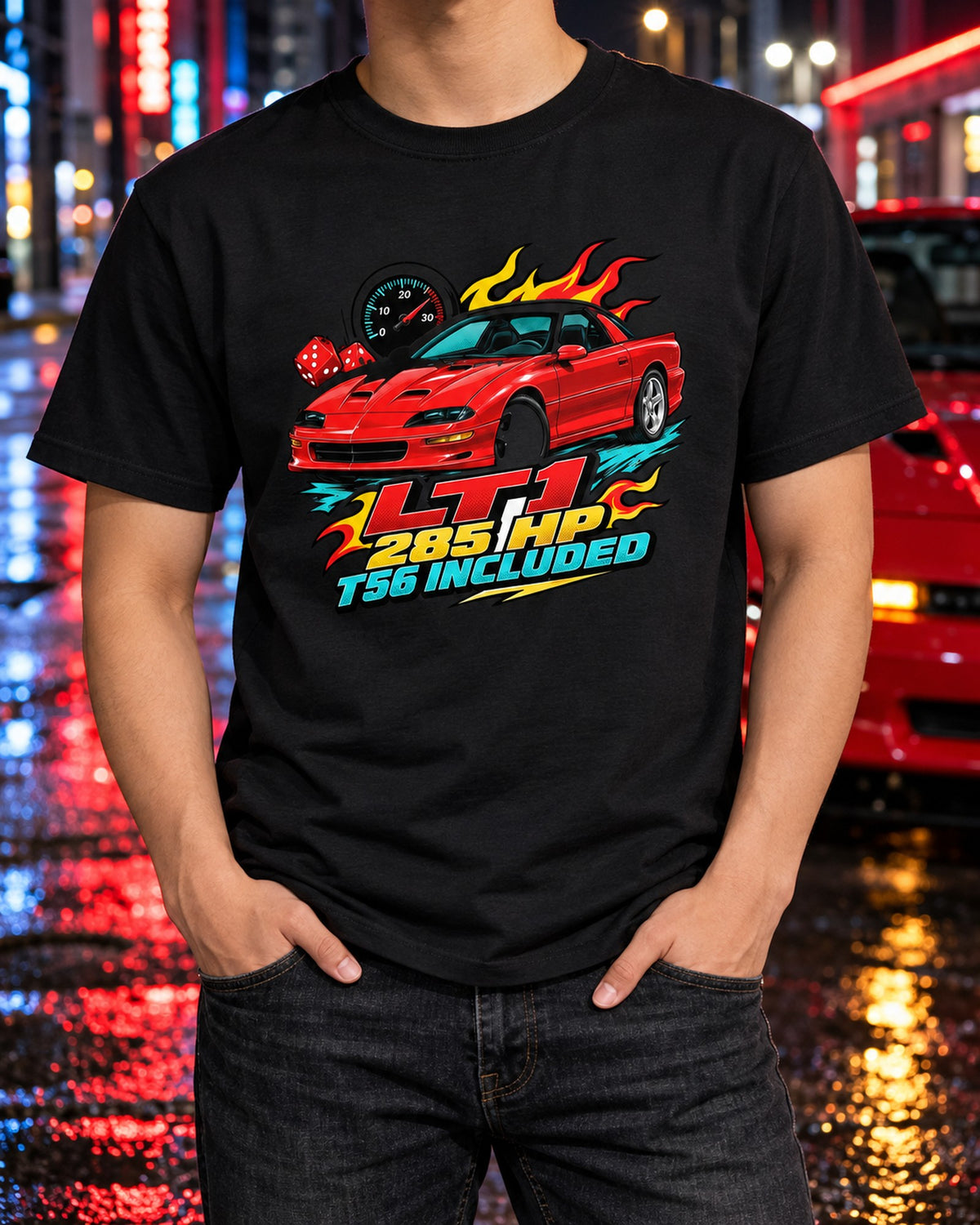 1996 Camaro Z28 LT1 Sticker Bomb Collage Car Shirt T-Shirt Black worn hero