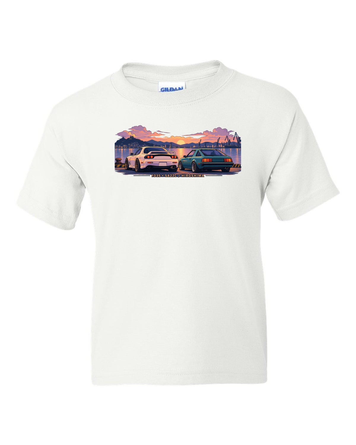 Ukiyo-e woodblock illustration of a Mazda RX-7 FD3S on a touge hairpin with 50/50 / 1280 KG lettering white kids tee front view with the design