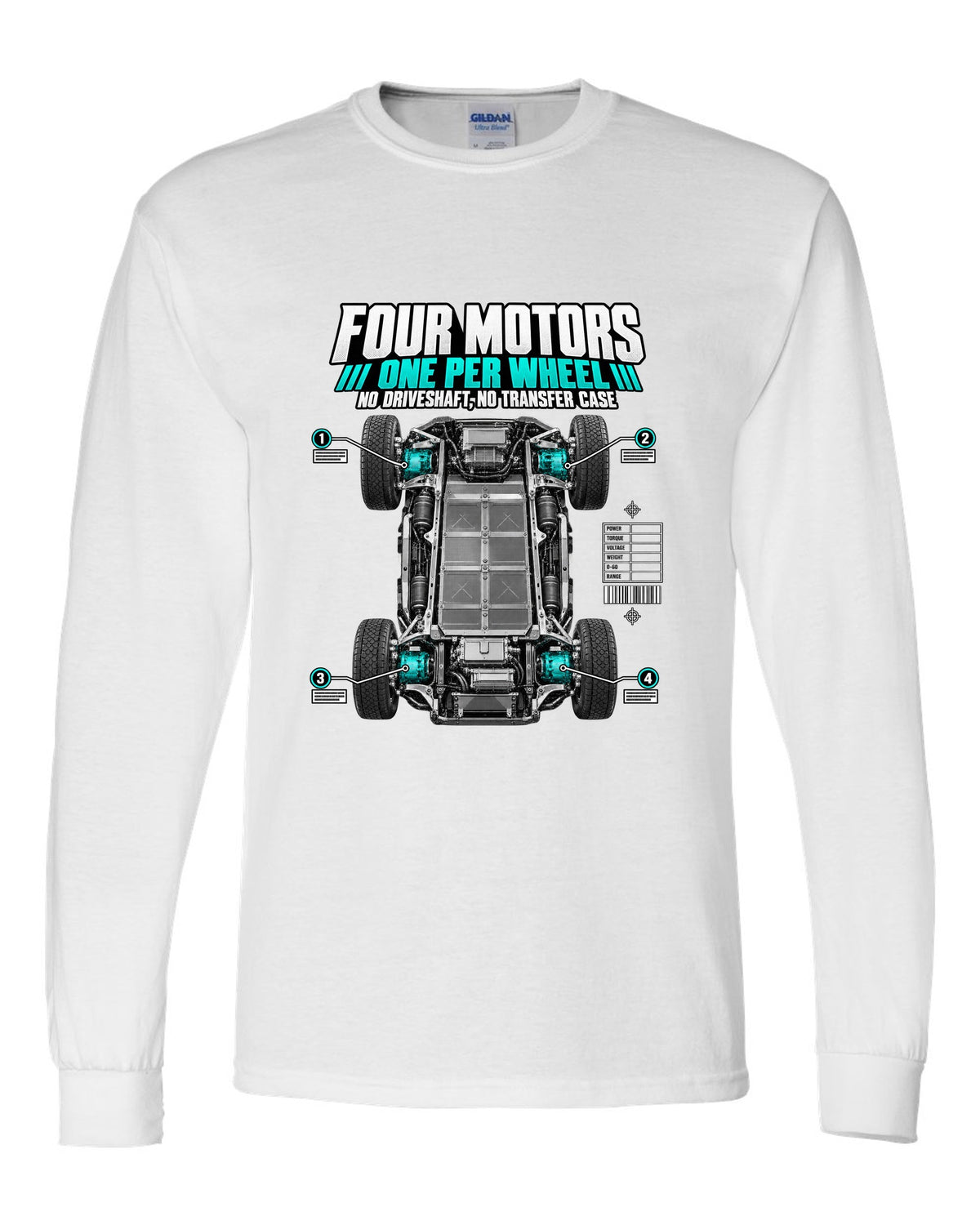 Rivian R1T Quad Motor 2022 layout with four motors, one per wheel, no driveshaft and no transfer case white long sleeve front view with the design