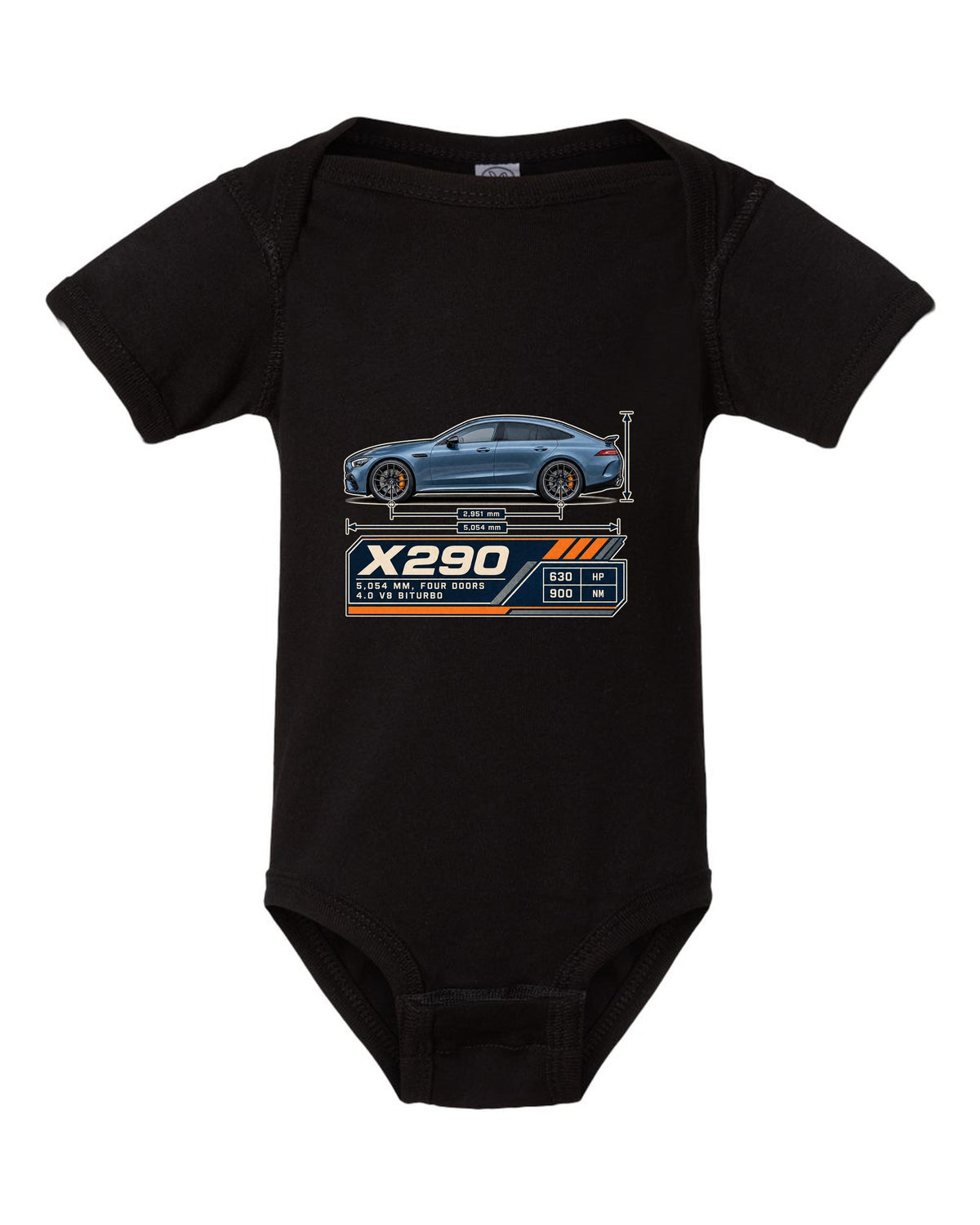 Mercedes-AMG GT 63 S 4-Door X290 steel blue blueprint print black baby onesie front view with the design