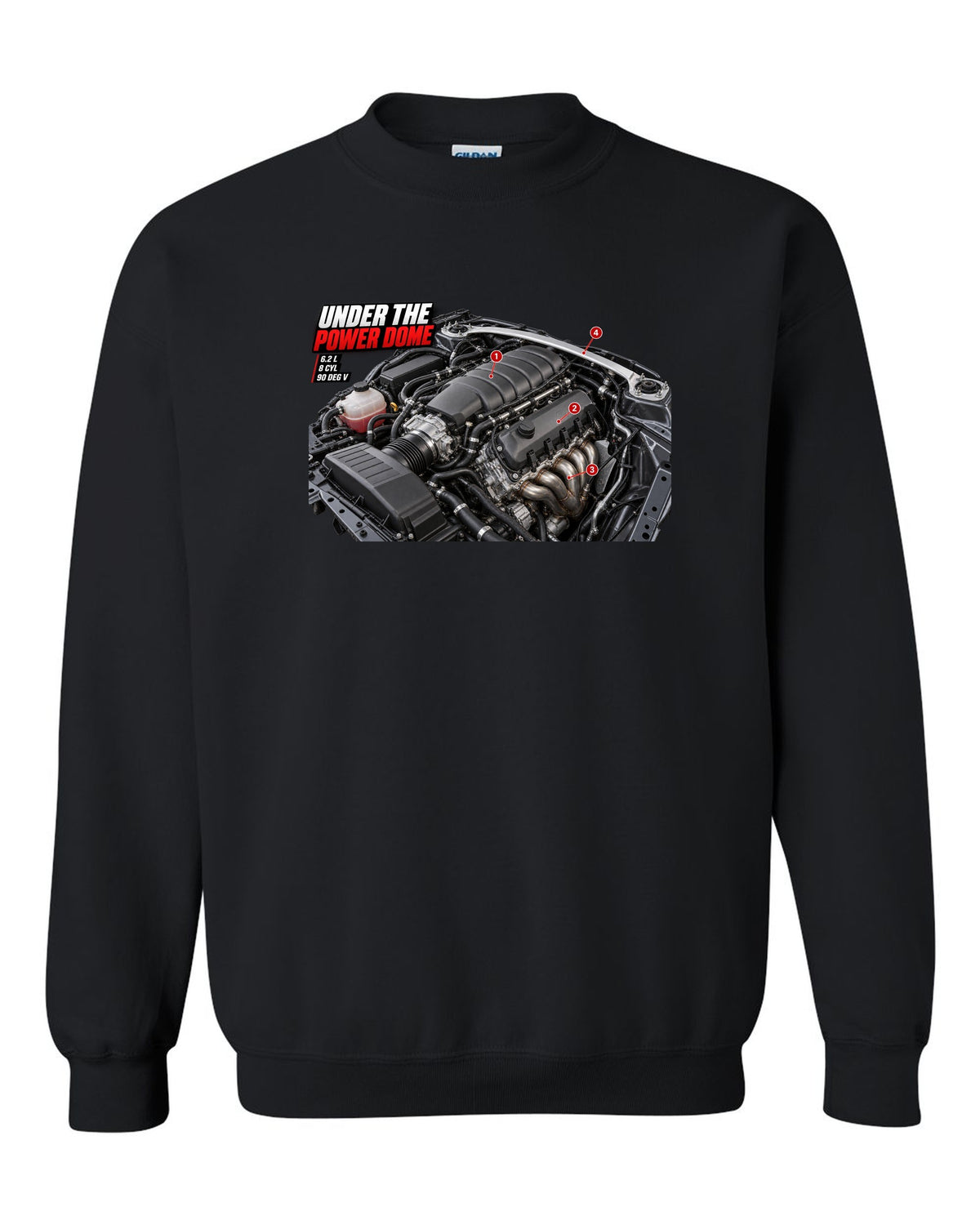 print of the Mercedes C63 AMG W204 M156 engine bay with the text Under The Power Dome black crewneck front view with the design