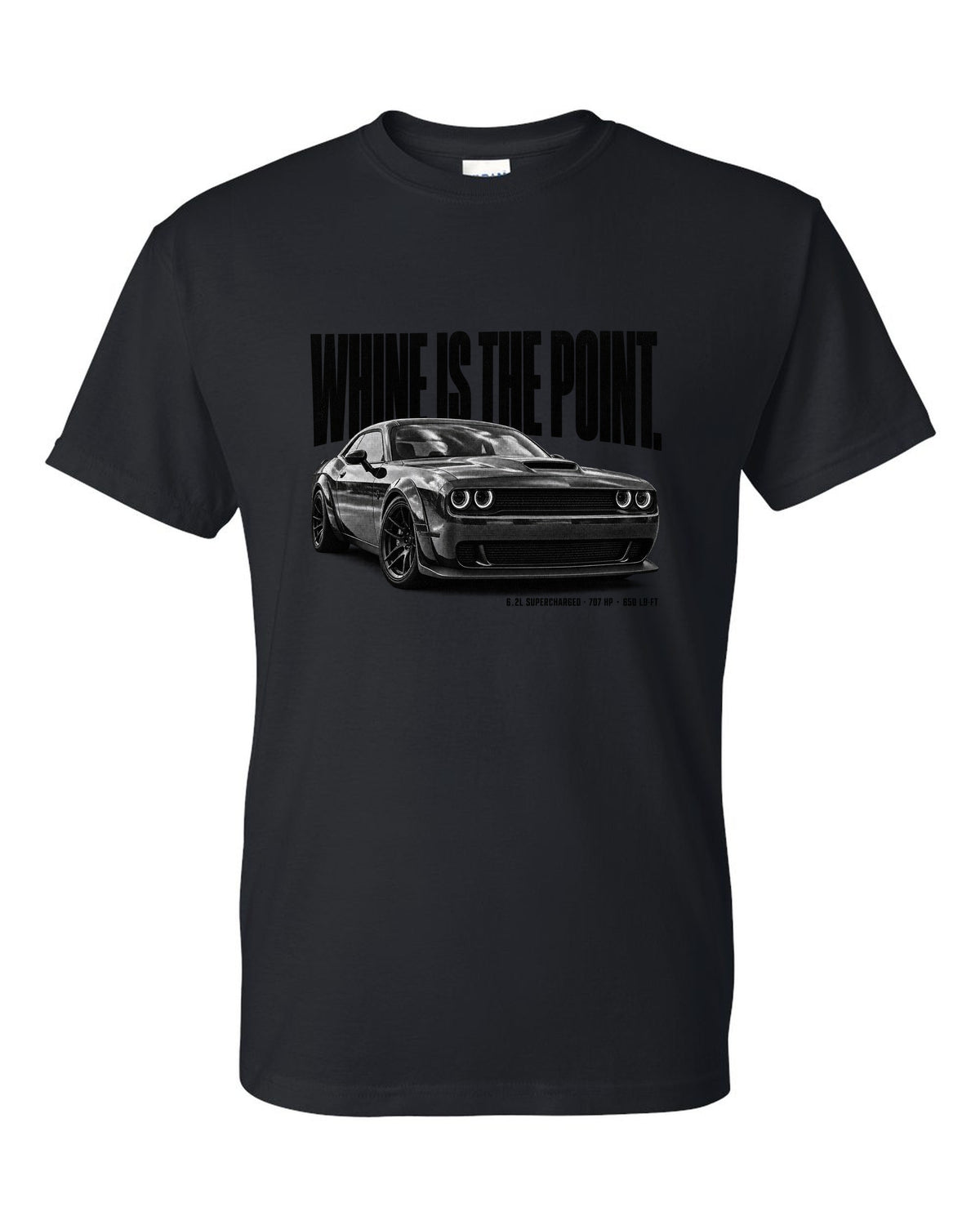Halftone statement print of a 2018 Dodge Challenger Hellcat with whine is the point text black t-shirt front view with the design