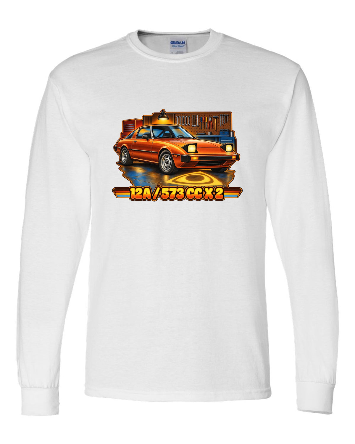 Seventies airbrush poster print of a Mazda RX-7 SA22C with the text 12A, 573 cc x 2 white long sleeve front view with the design