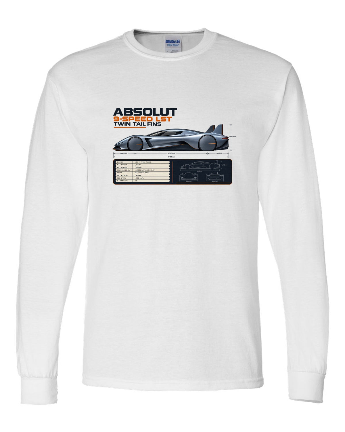 Koenigsegg Jesko Absolut Side Profile Spec Poster white long sleeve front view with the design