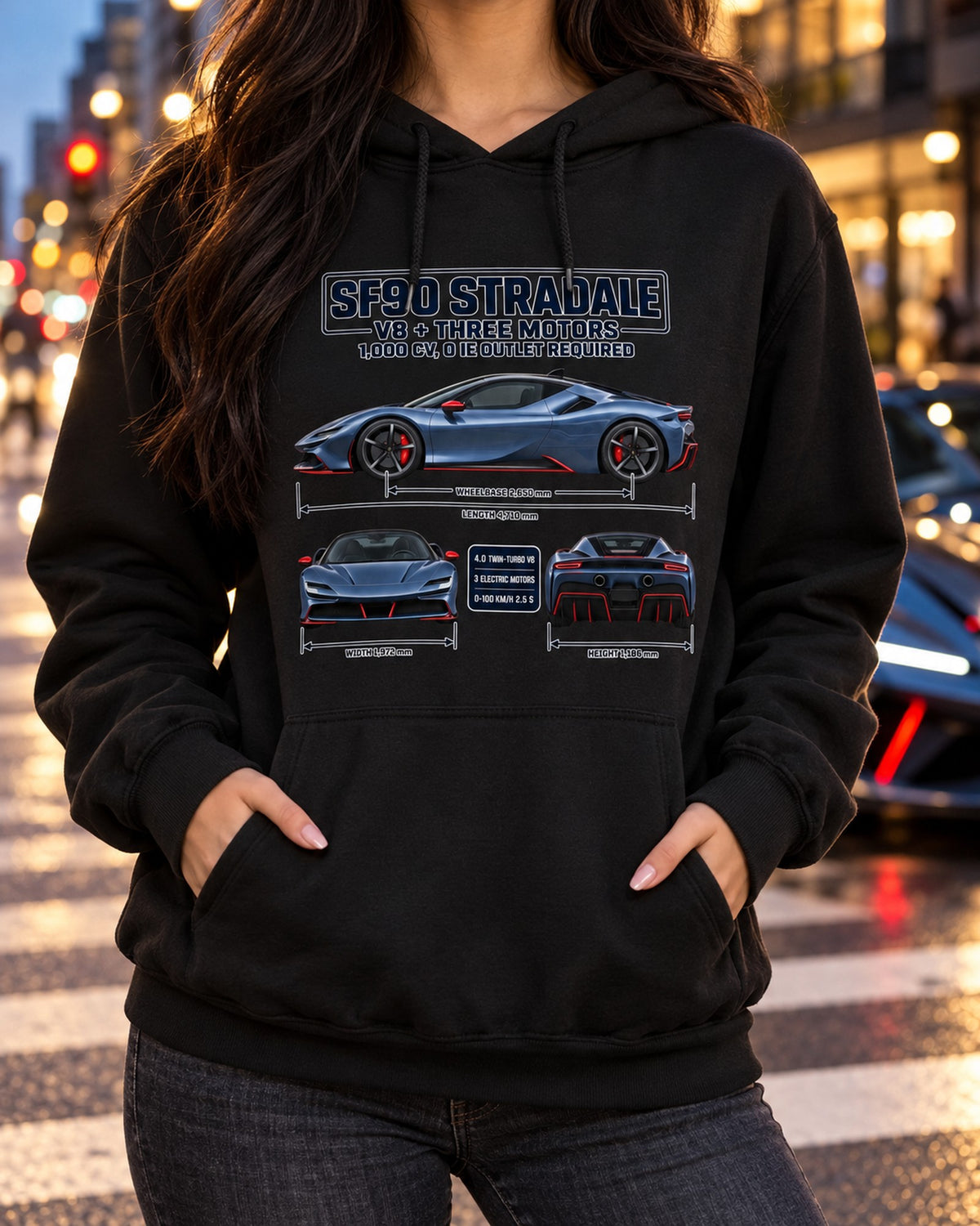 Ferrari SF90 Stradale Three-View Spec Sheet Tee Pull Over Hoodie Black worn hero