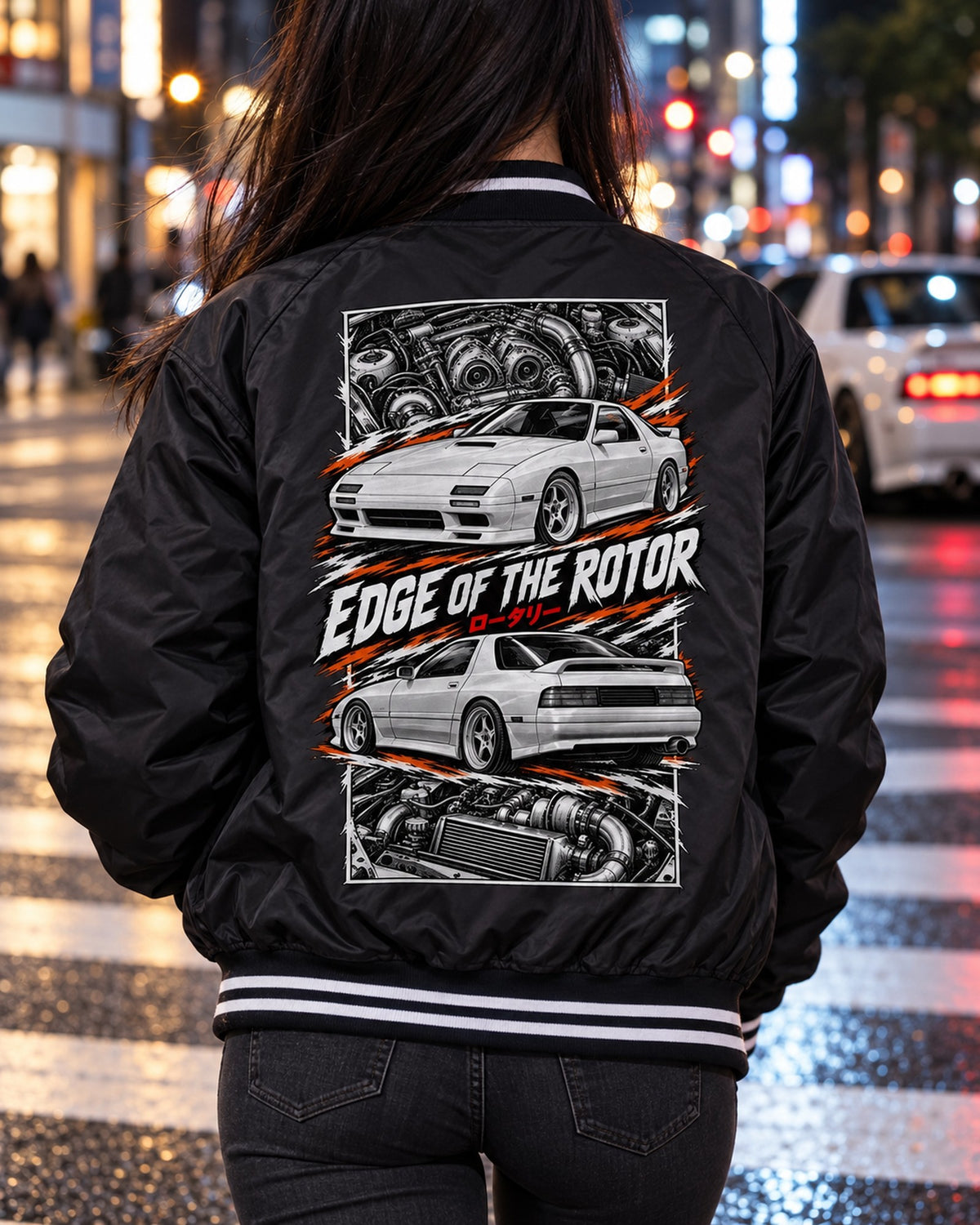 Mazda RX-7 Fc3S Torn Poster Full-Back Graphic Tee Bomber Jacket Black worn hero
