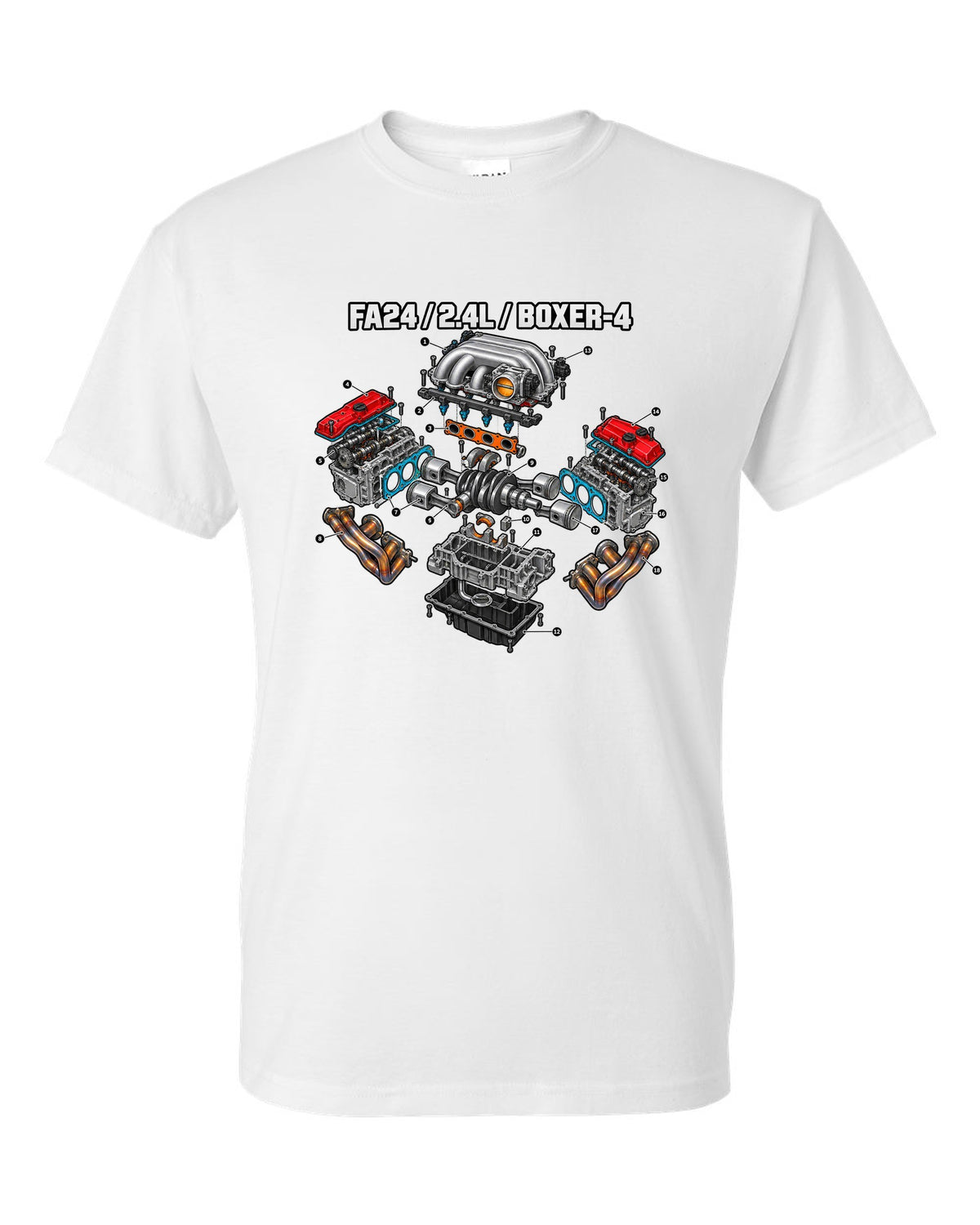 Cutaway exploded diagram of the FA24 2.4L boxer-four engine for a Toyota GR86 ZN8 white t-shirt front view with the design