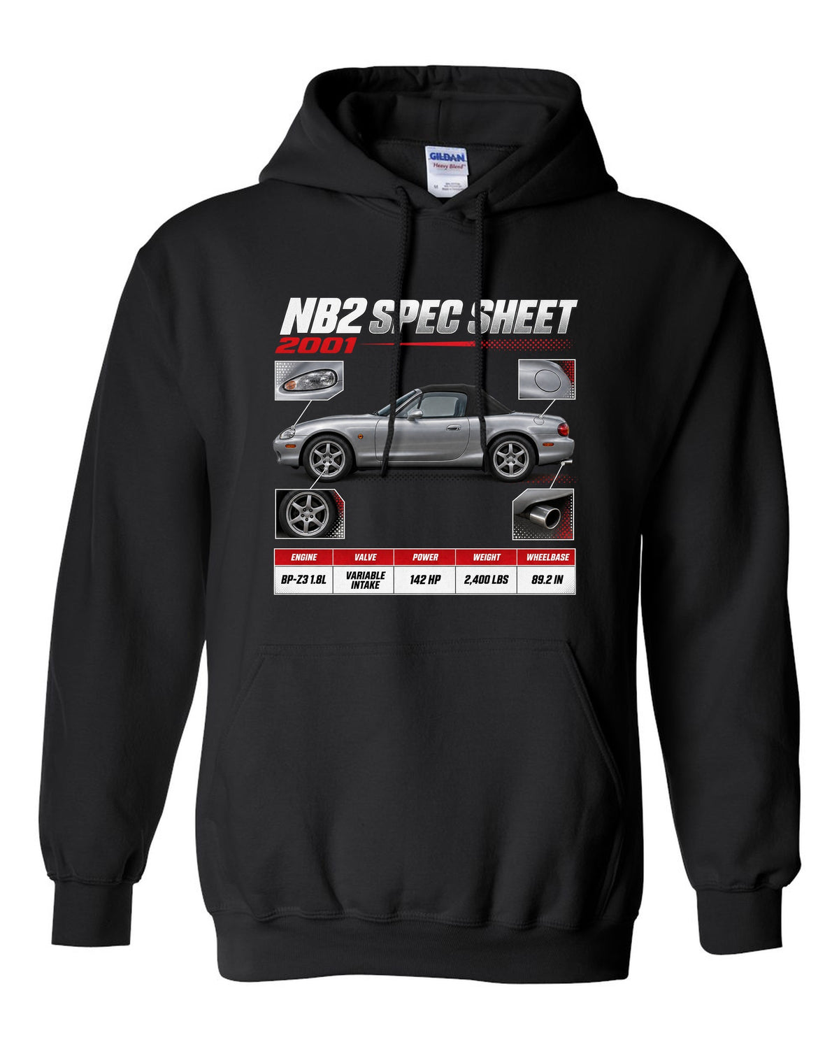 Spec poster print for the 2001 Mazda MX-5 NB2 reading NB2 spec sheet, 2001, variable intake black pull over hoodie front view with the design