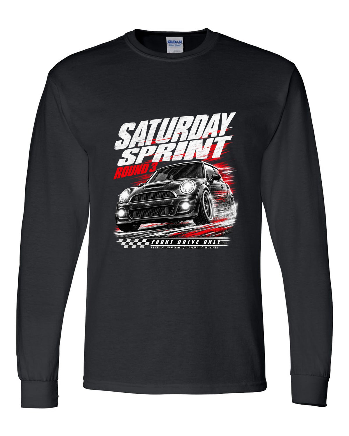 Race poster print of a Mini Cooper JCW R56 front three-quarter at a Saturday sprint round three black long sleeve front view with the design
