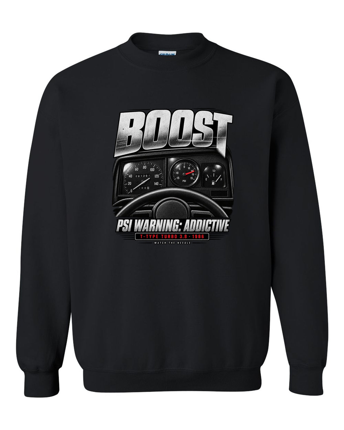 1986 Buick Grand National boost gauge cockpit print with T-Type turbo text black crewneck front view with the design