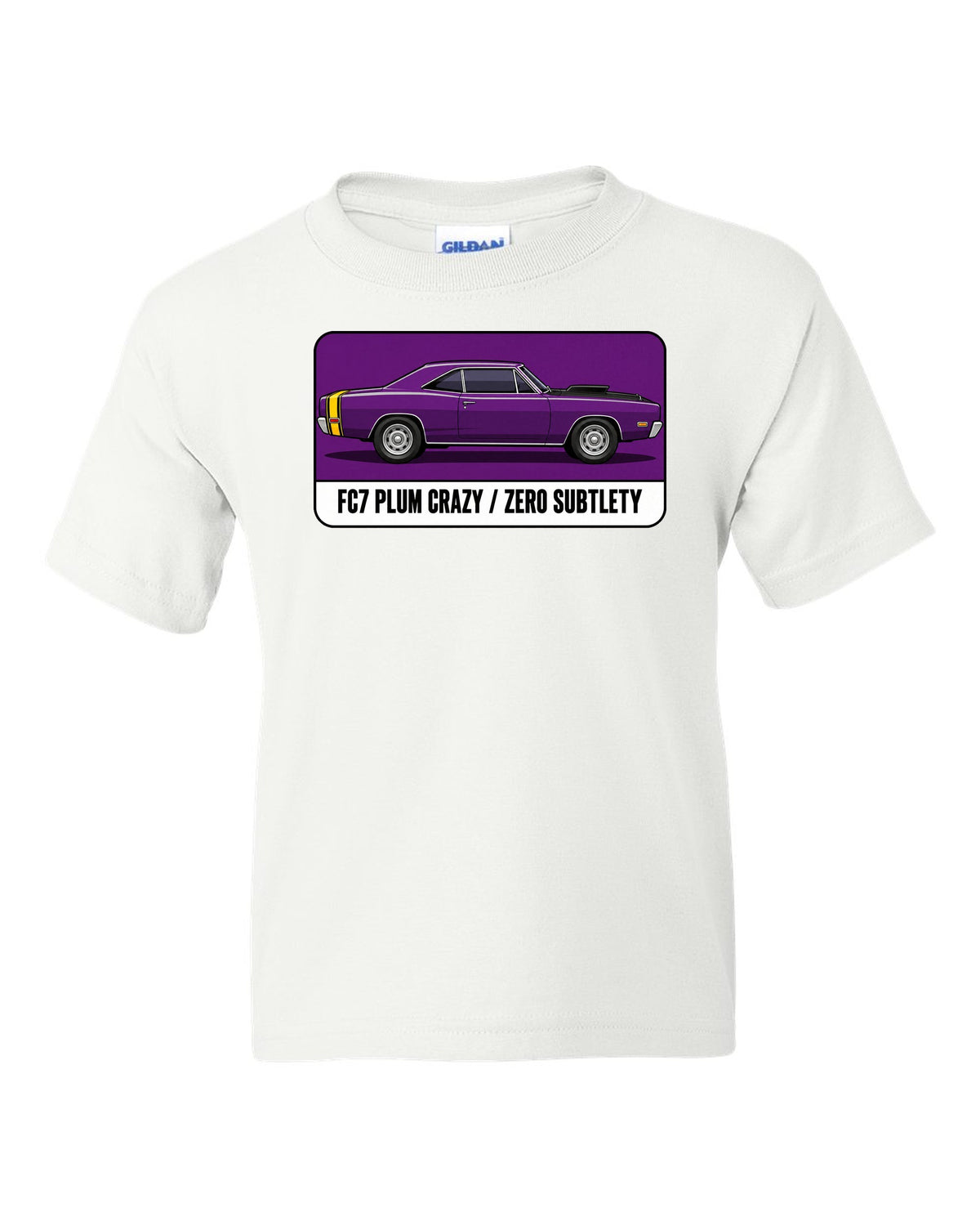 Pantone-style swatch print of a 1969 Dodge Coronet Super Bee in Plum Crazy white kids tee front view with the design