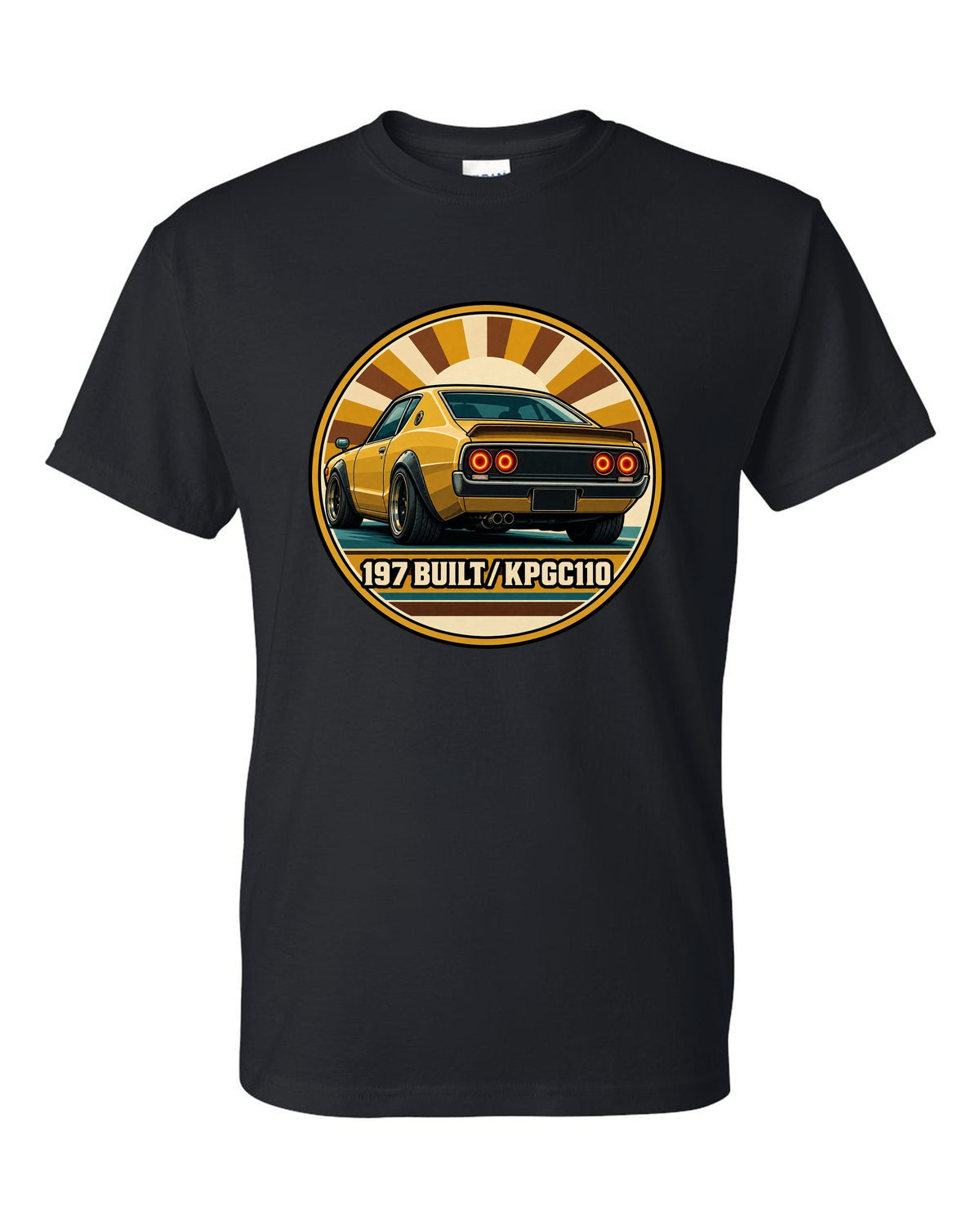 Round crest print for the Skyline Kenmeri KPGC110 with 197 Built lettering black t-shirt front view with the design
