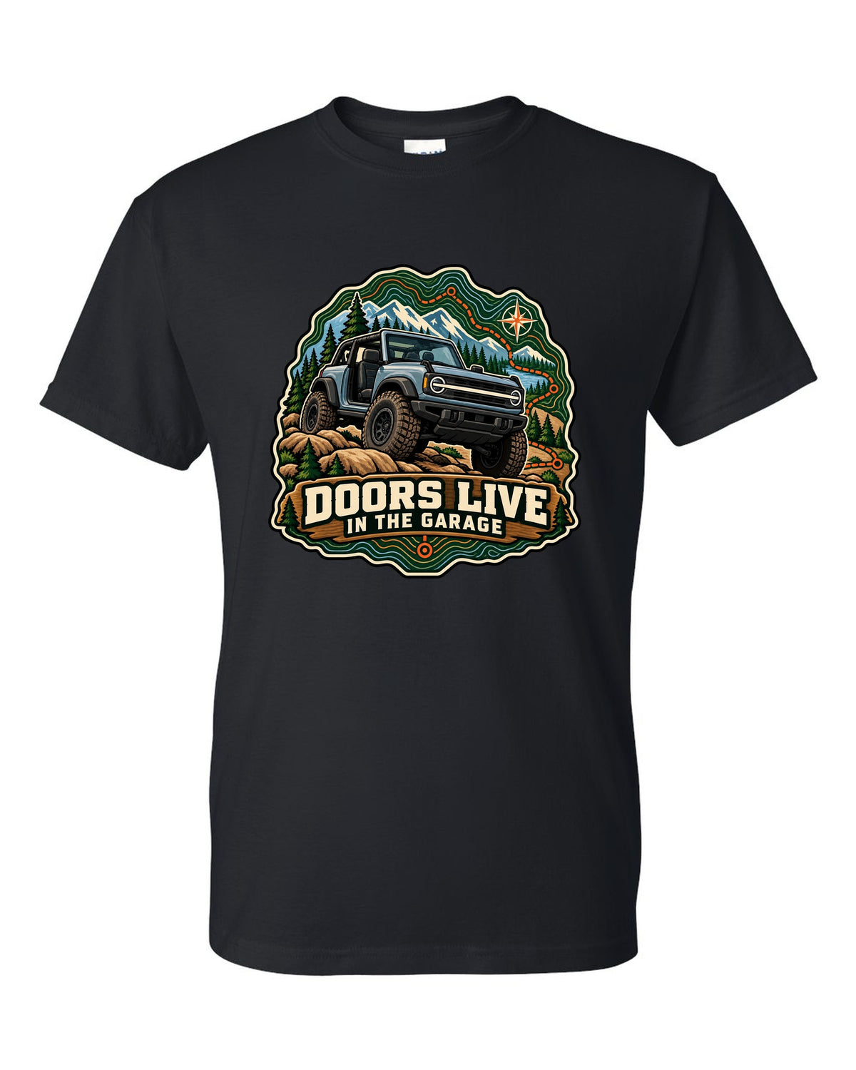Ford Bronco U725 two-door on a topographic trail route map print black t-shirt front view with the design