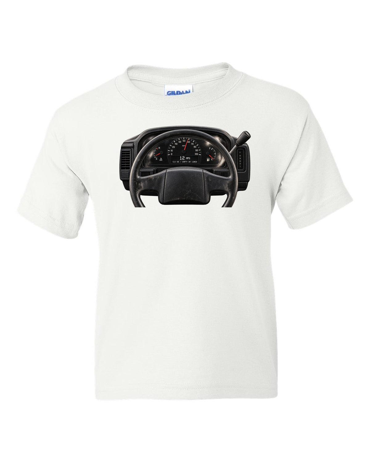 Gauge cluster print of a 1992-96 Ford Bronco OBS with 5.8 V8 and 12 MPG text white kids tee front view with the design