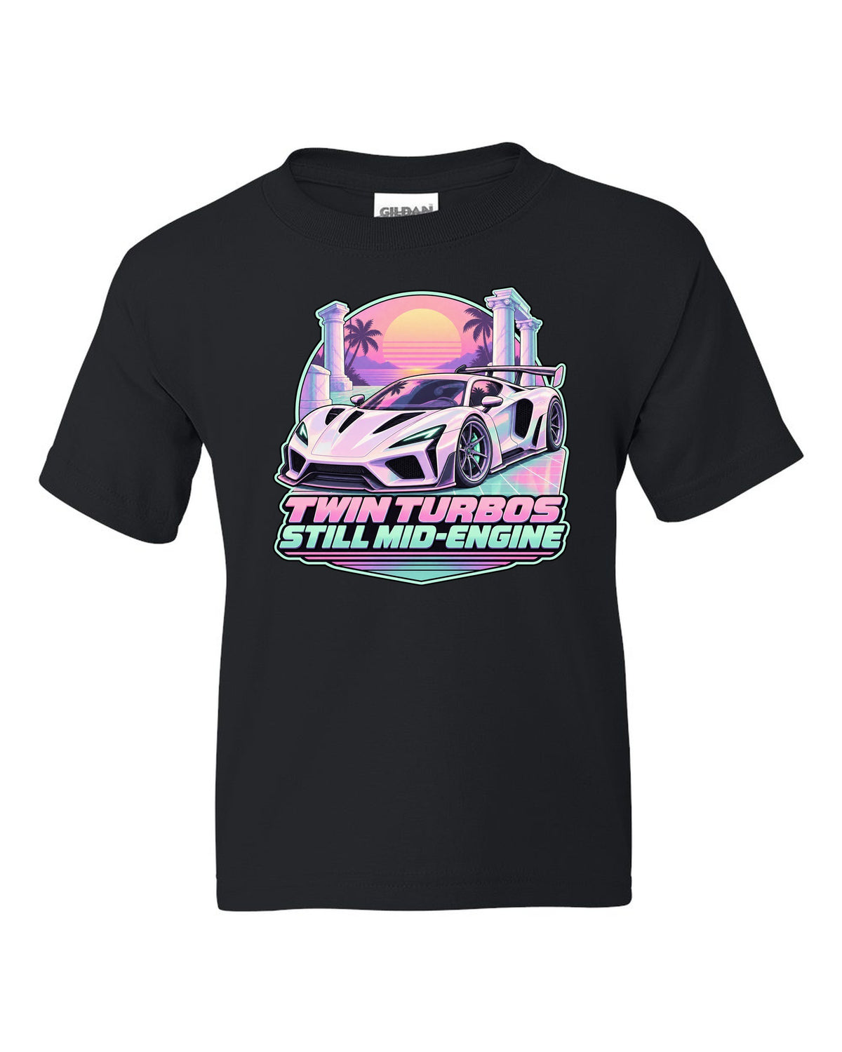 Badge crest design of a 2023 C8 Corvette Z06 with wide rear haunches black kids tee front view with the design
