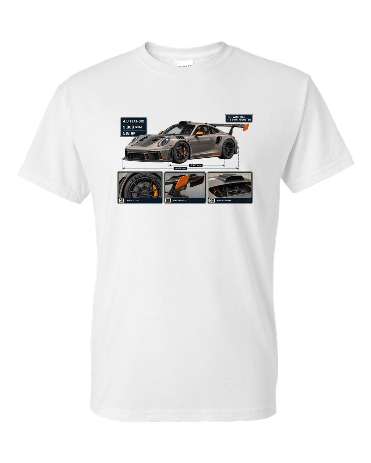 print dossier panels of a Porsche 911 GT3 RS 992 in warm grey with orange accents white t-shirt front view with the design