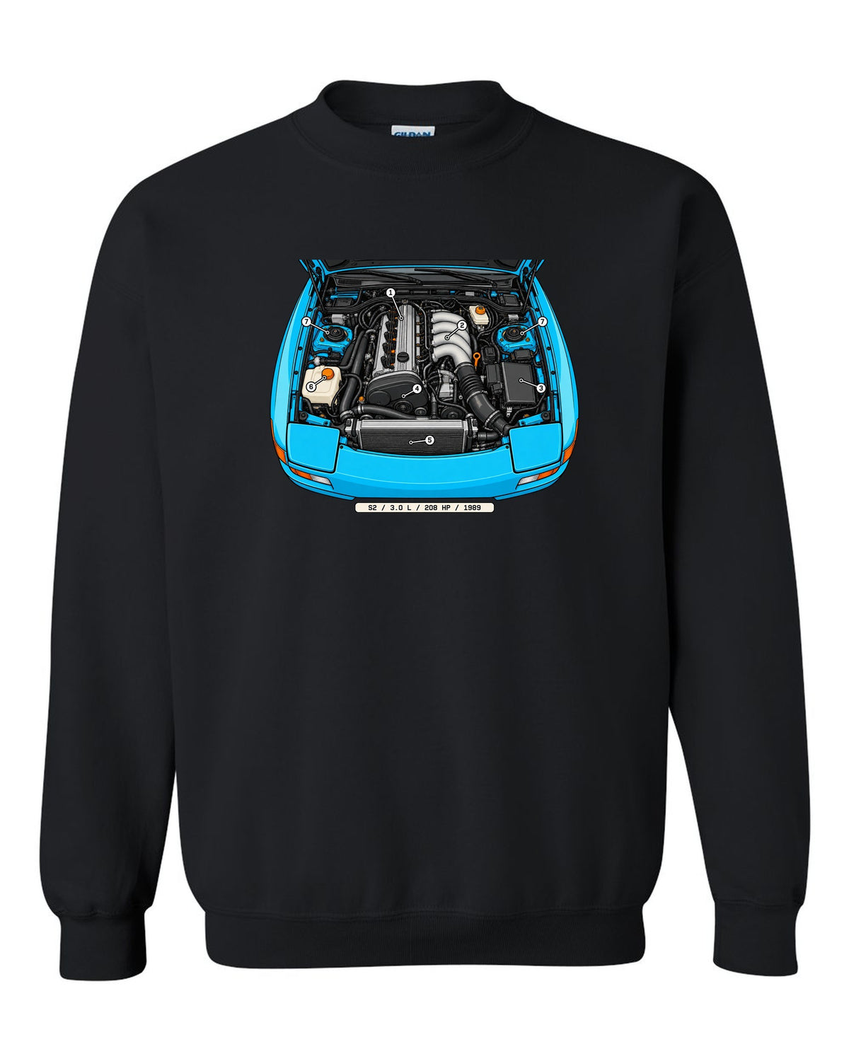 Technical callout diagram of the Porsche 944 S2 engine bay black crewneck front view with the design