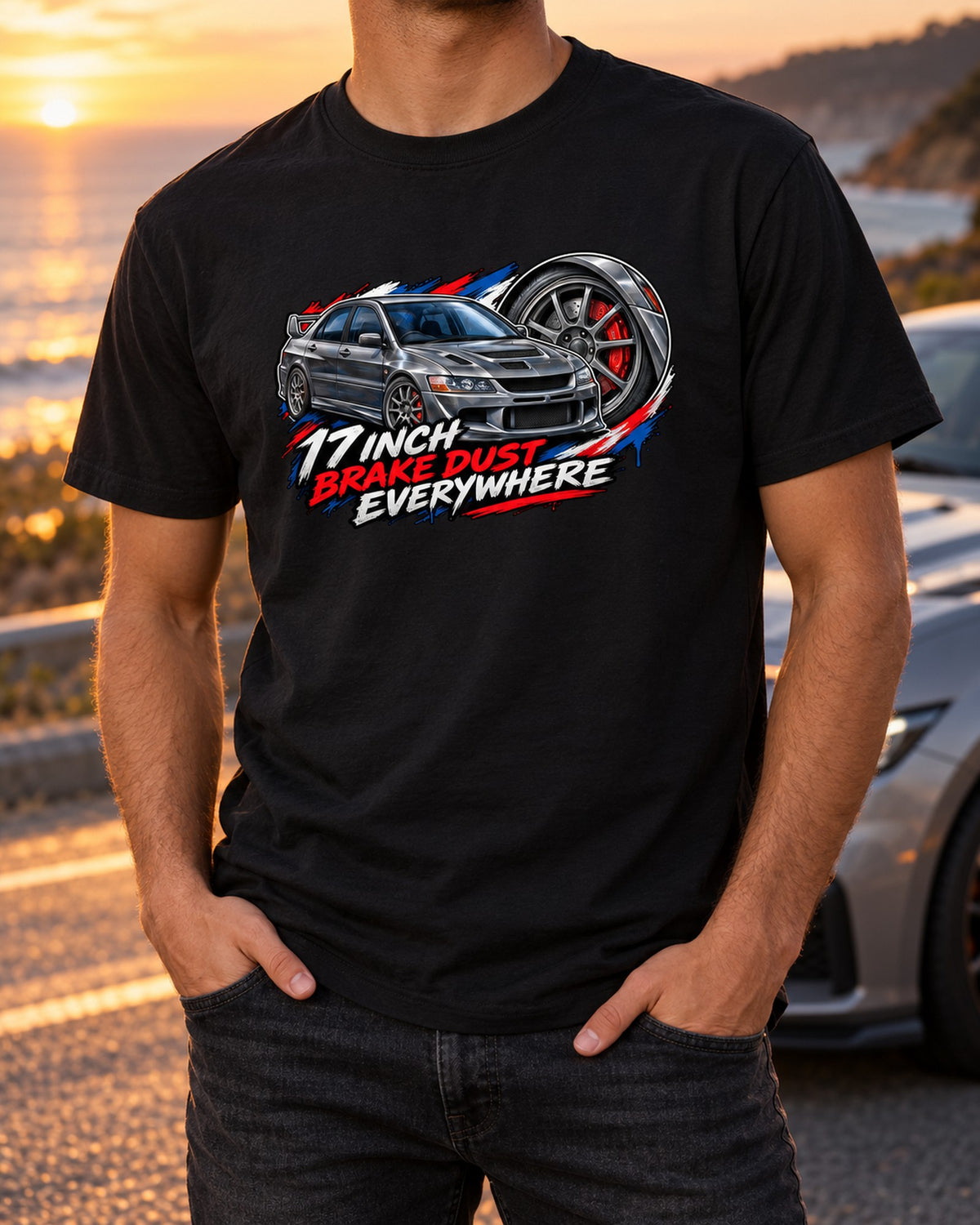 Grey Spoke Wheel Painterly Study Shirt, Mitsubishi Evo VIII T-Shirt Black worn hero