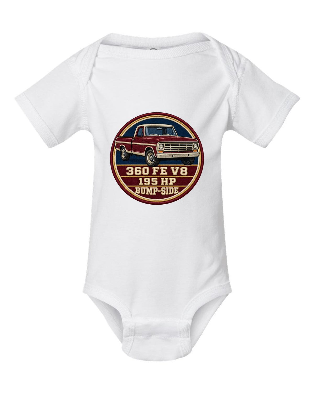 Bump-Side Ford F-Series 1967-72 Crest print Tee white baby onesie front view with the design