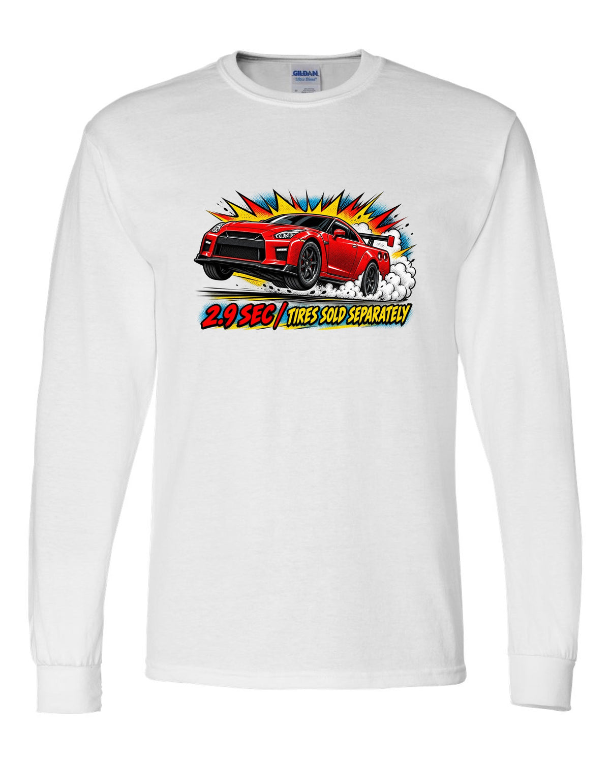 Comic halftone pop-art print of a Nissan GT-R R35 launching with 2.9 sec text white long sleeve front view with the design