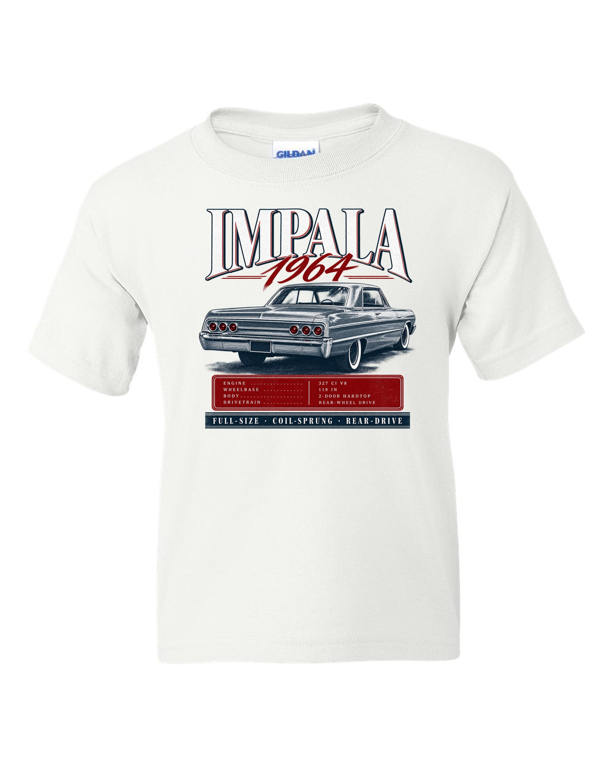1964 Impala SS B-body rear three-quarter archive panel print white kids tee front view with the design