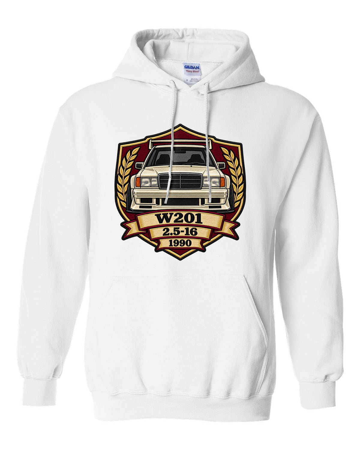 Embroidery-style shield crest print of a Mercedes-Benz 190E Evo II W201, 2.5-16, 1990 white pull over hoodie front view with the design