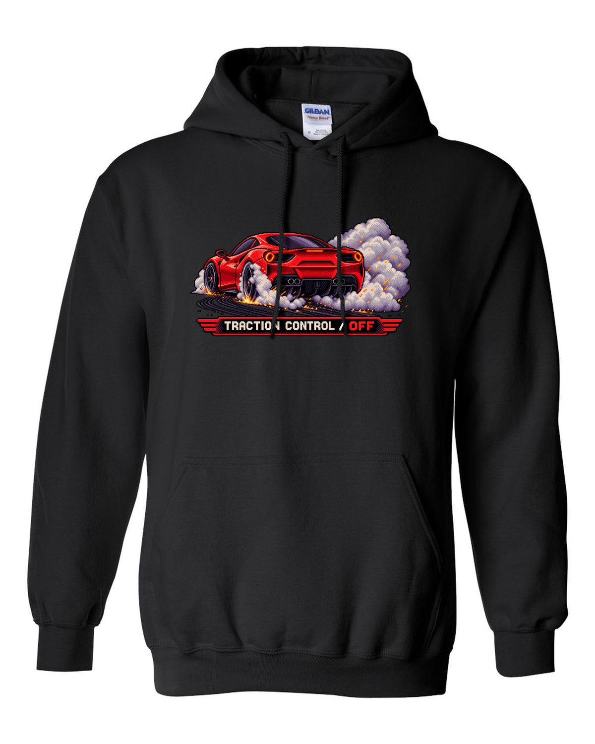 Pixel art Ferrari 488 GTB burnout with traction control off text black pull over hoodie front view with the design