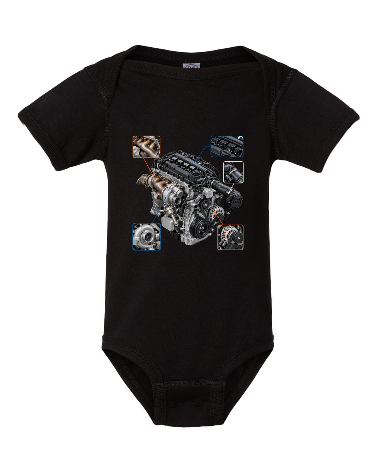 Graphite-blue Toyota GR86 ZN8 shown in three views with spec table black baby onesie front view with the design