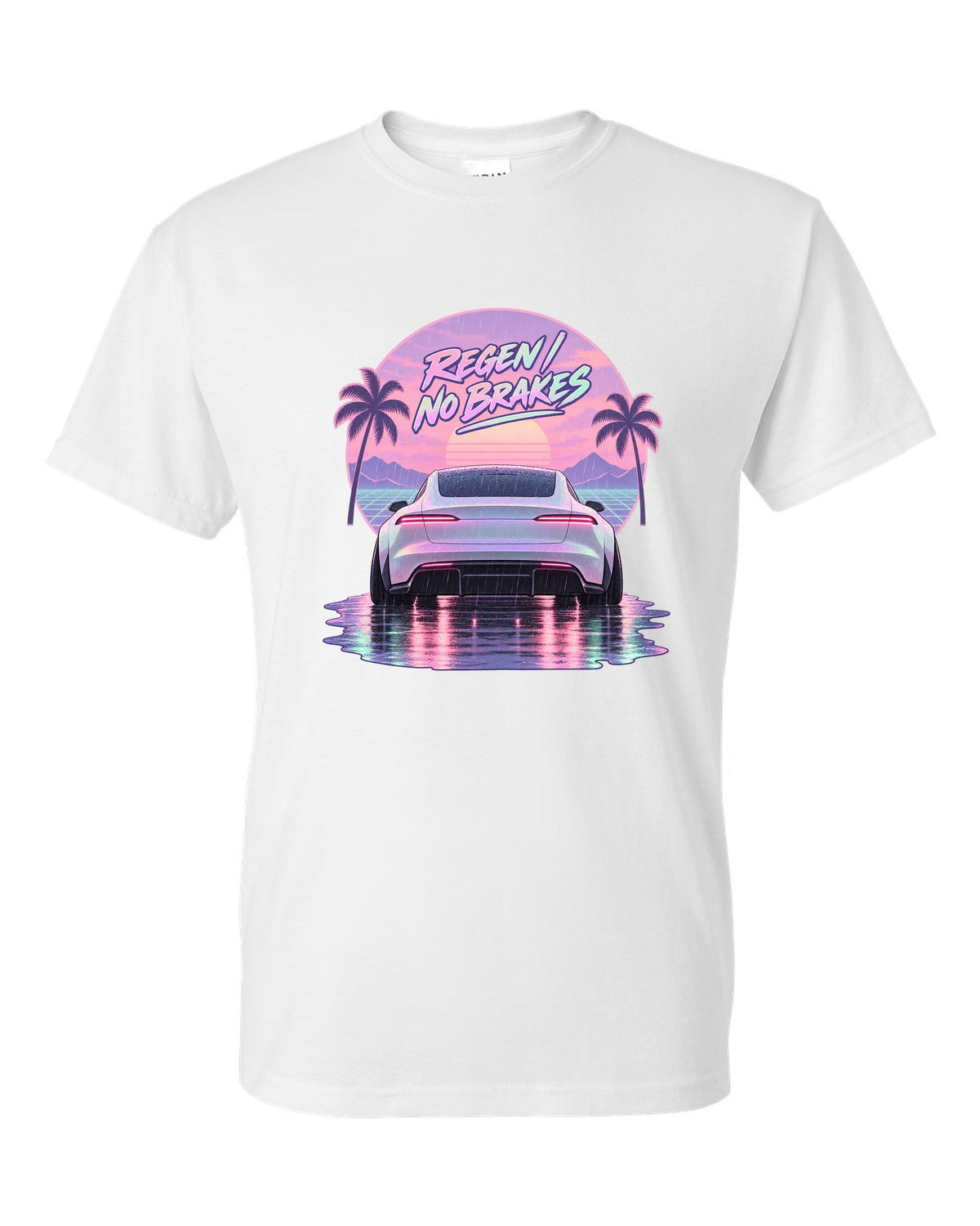 Vaporwave pastel scene of a 2021 Tesla Model S Plaid taillights in rain with the words Regen No Brakes white t-shirt front view with the design