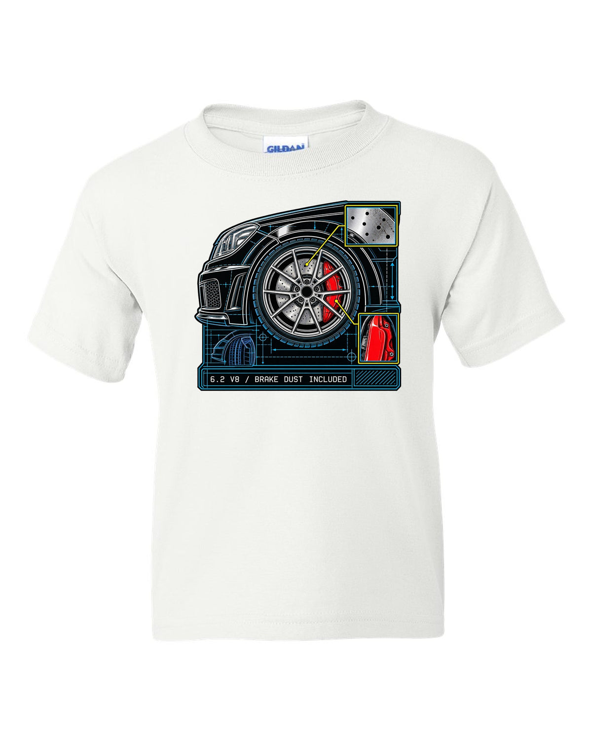 Retro manga ink burnout illustration of a Mercedes C63 Coupe C204 with tyre text white kids tee front view with the design