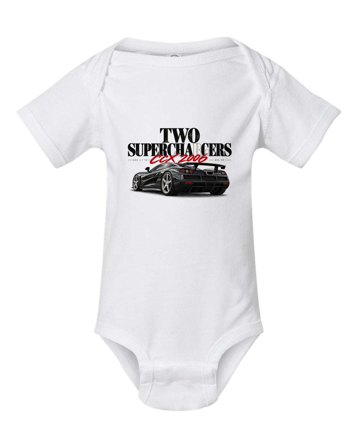 Koenigsegg CCX 2006 editorial headline with two superchargers white baby onesie front view with the design