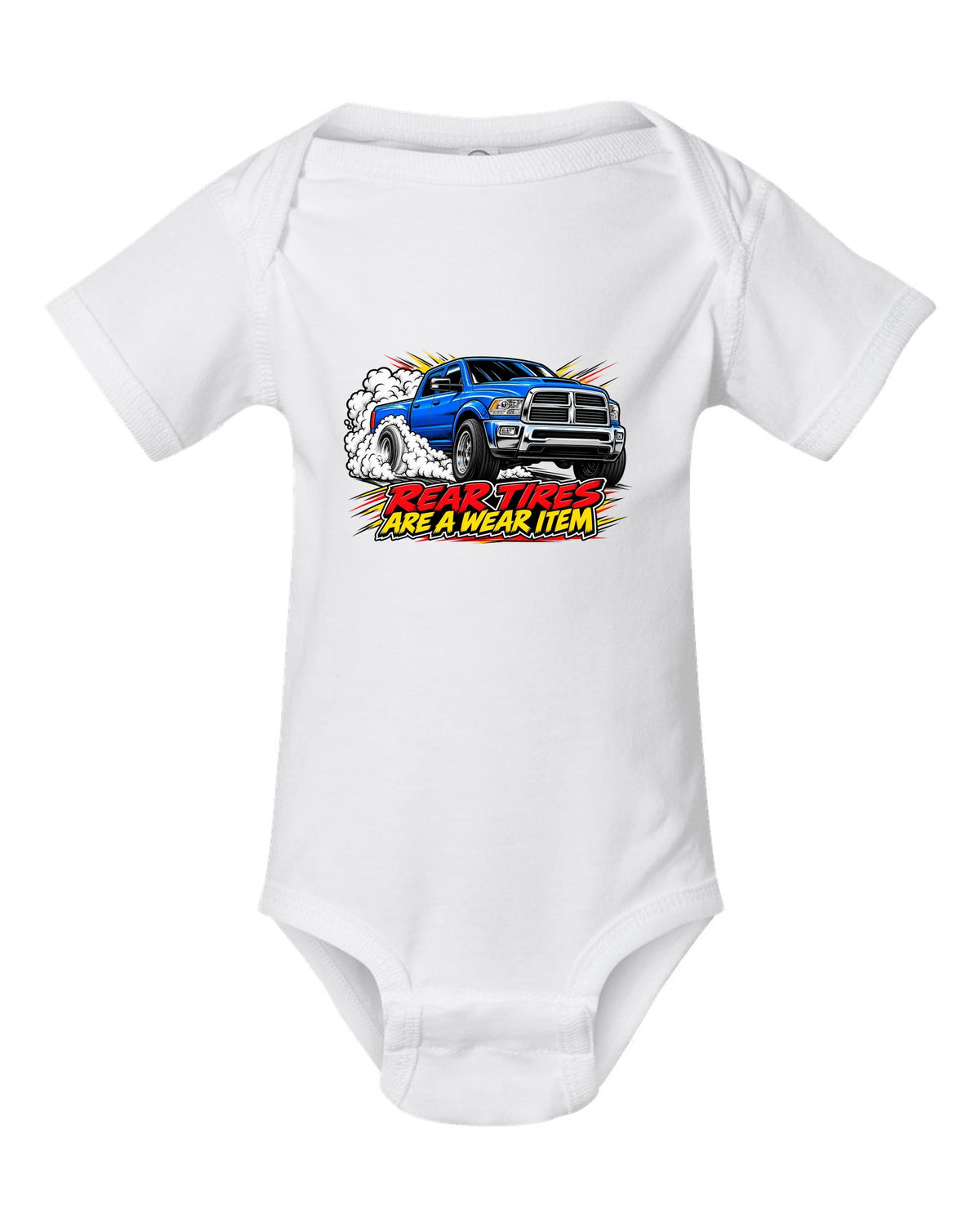 Comic ink burnout print of a 2003-2009 Dodge Ram 2500 5.9 Cummins HO white baby onesie front view with the design