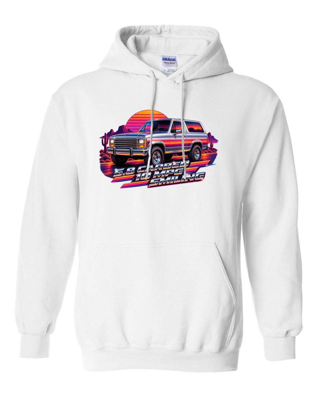 80s airbrush chrome art of a 1980-86 Ford Bronco Bullnose at sunset with 5.8 CARBED 10 MPG lettering white pull over hoodie front view with the design