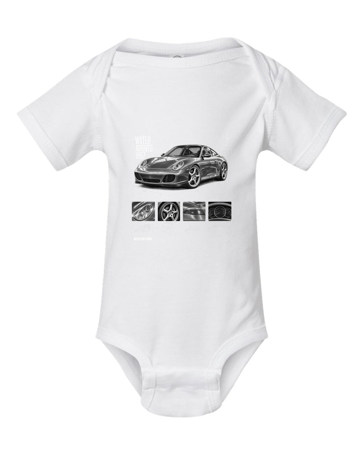 Dossier panel print of a Porsche 911 Carrera 4S (996) with the heading Water Arrived 1997 white baby onesie front view with the design