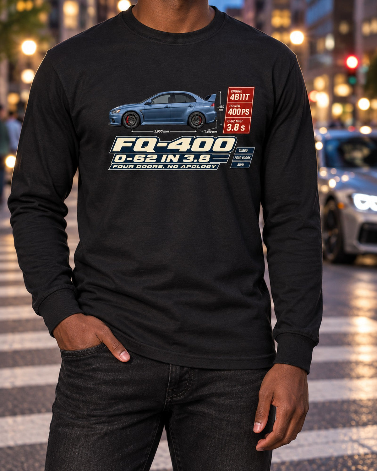 Evo X FQ-400 Spec Poster Tee, 0-62 in 3.8, Four Doors Long Sleeve Black worn hero