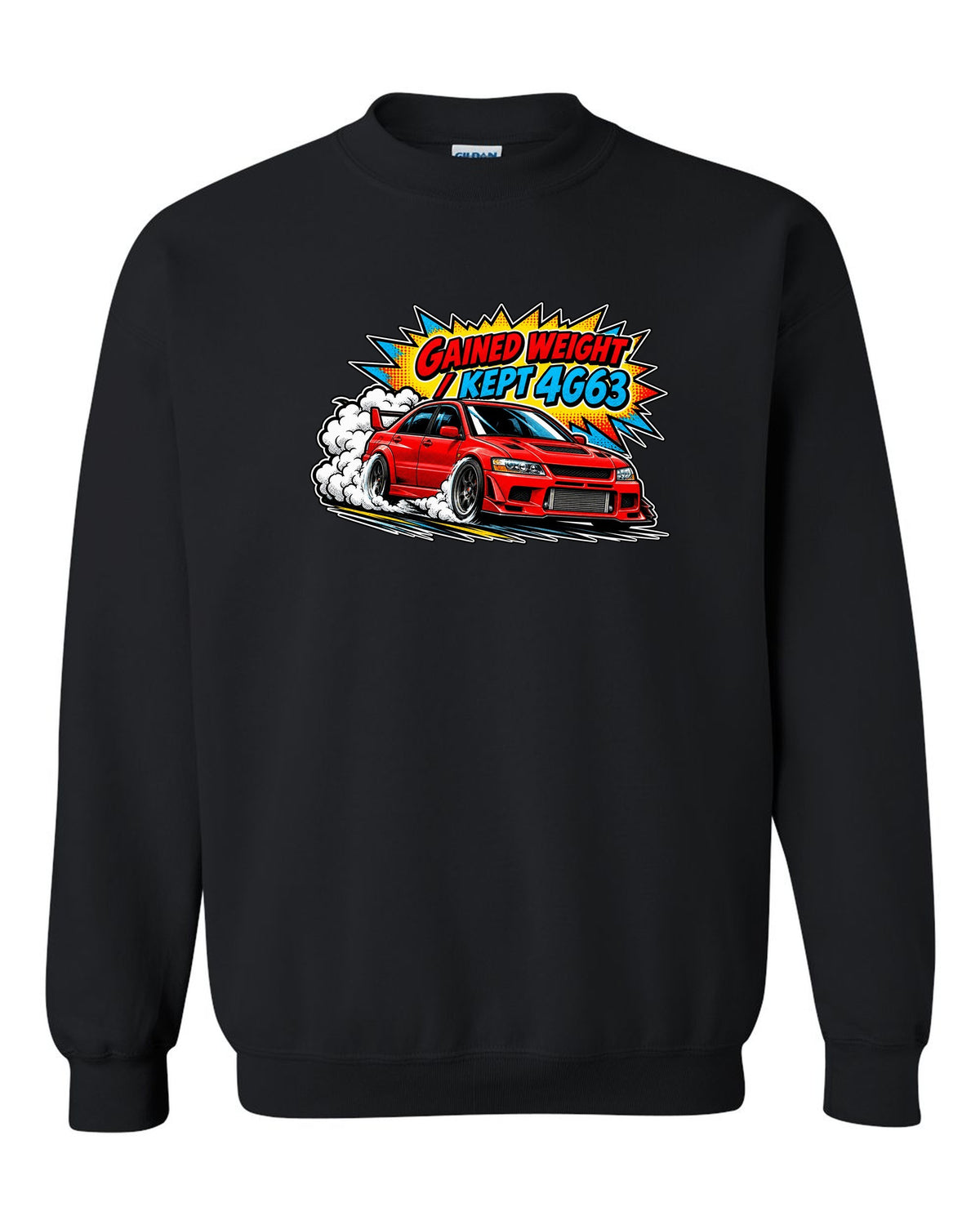 Comic halftone pop-art launch print of the Mitsubishi Evo VII CT9A with gained weight kept 4G63 text black crewneck front view with the design