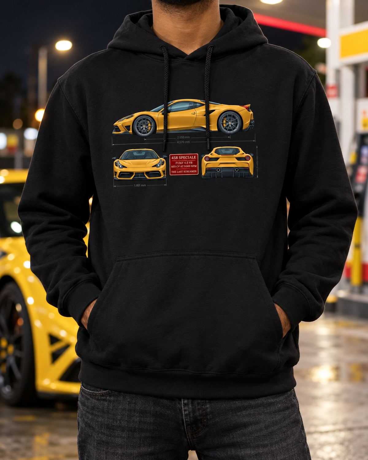Ferrari 458 Speciale Three-View Shirt, F136FL V8 Spec Table Pull Over Hoodie Black worn hero