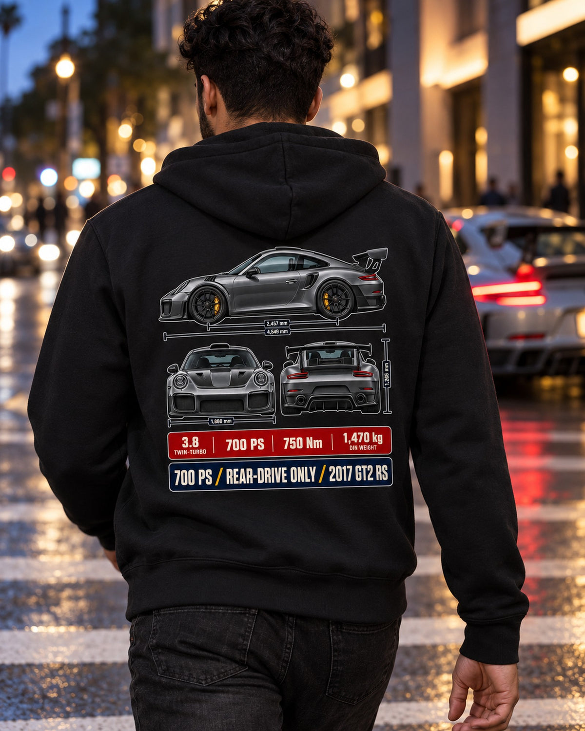 Porsche 911 GT2 RS 991.2 Three-View Dossier Shirt, Car Tee Zip Hoodie Black worn hero