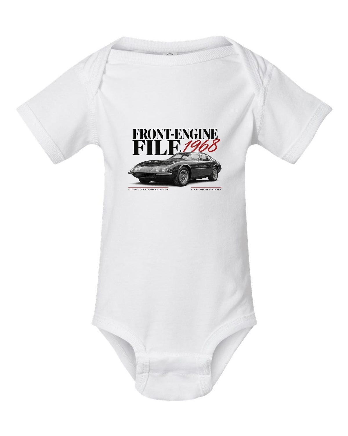 Editorial headline print of a Ferrari 365 GTB/4 Daytona with Front-Engine File 1968 and 352 PS text white baby onesie front view with the design