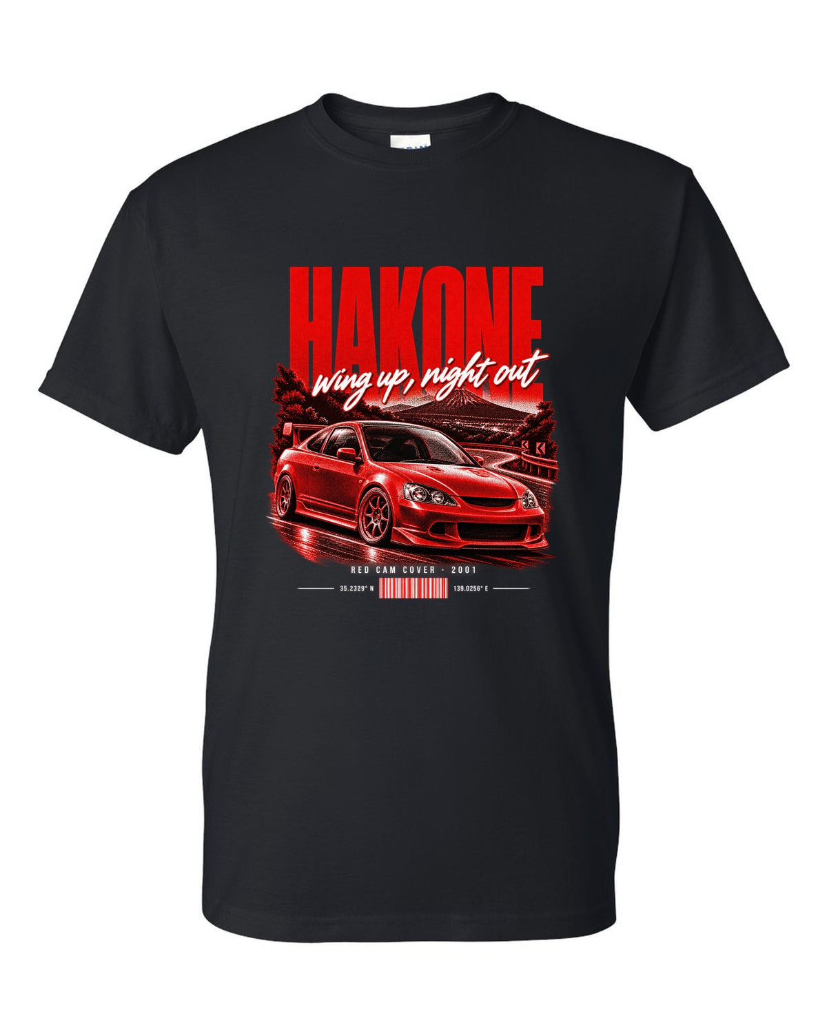 Honda Integra DC5 Type R chback street poster with Hakone and red cam cover text black t-shirt front view with the design