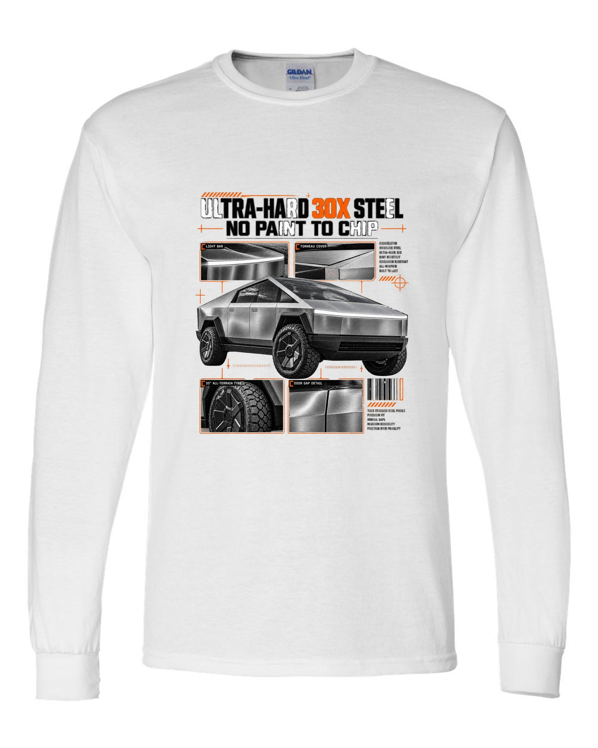 Tesla Cybertruck 2023 dossier panel graphic with ultra-hard 30X steel and no paint to chip white long sleeve front view with the design