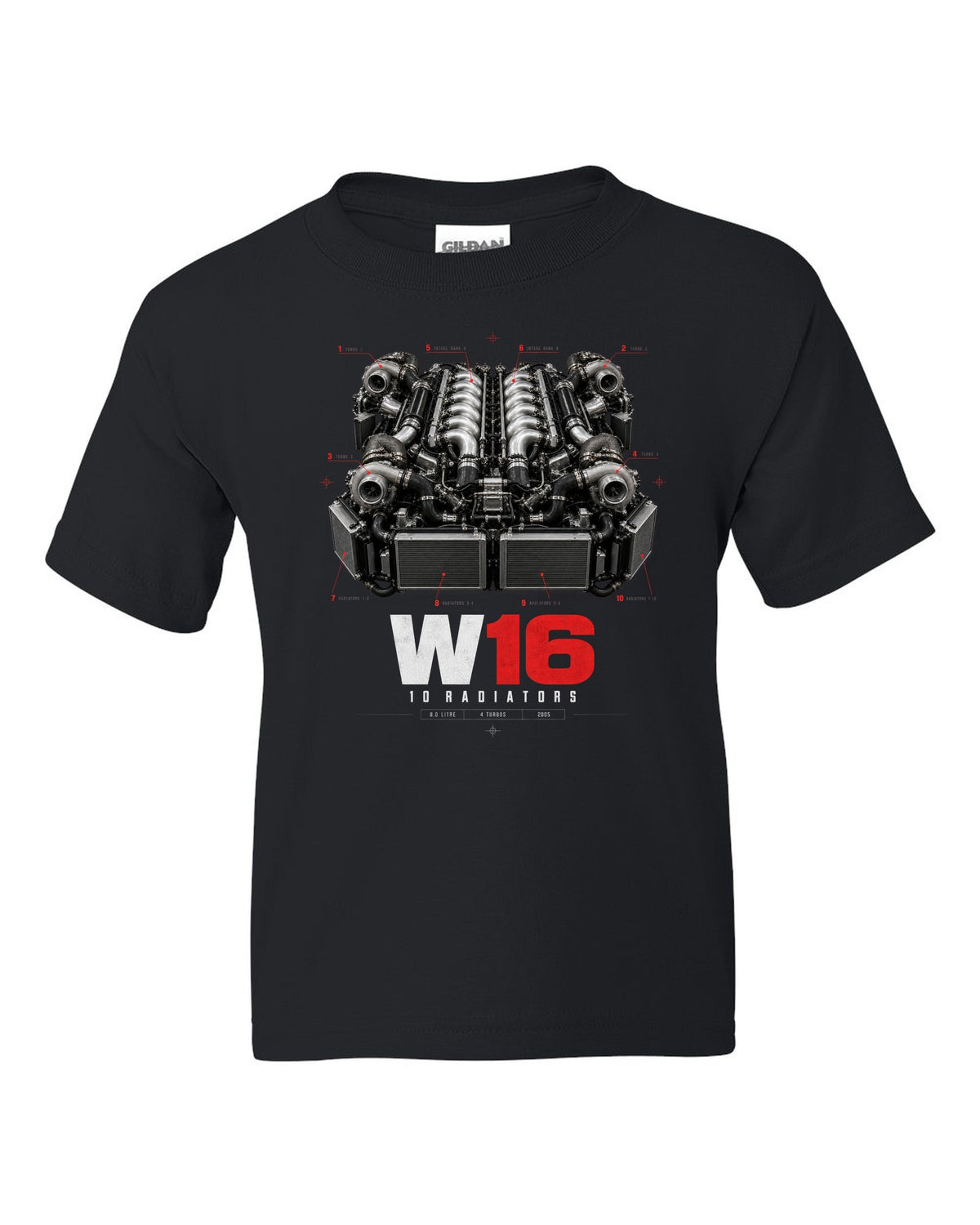 Bugatti Veyron 16.4 W16 engine poster with ten radiators black kids tee front view with the design