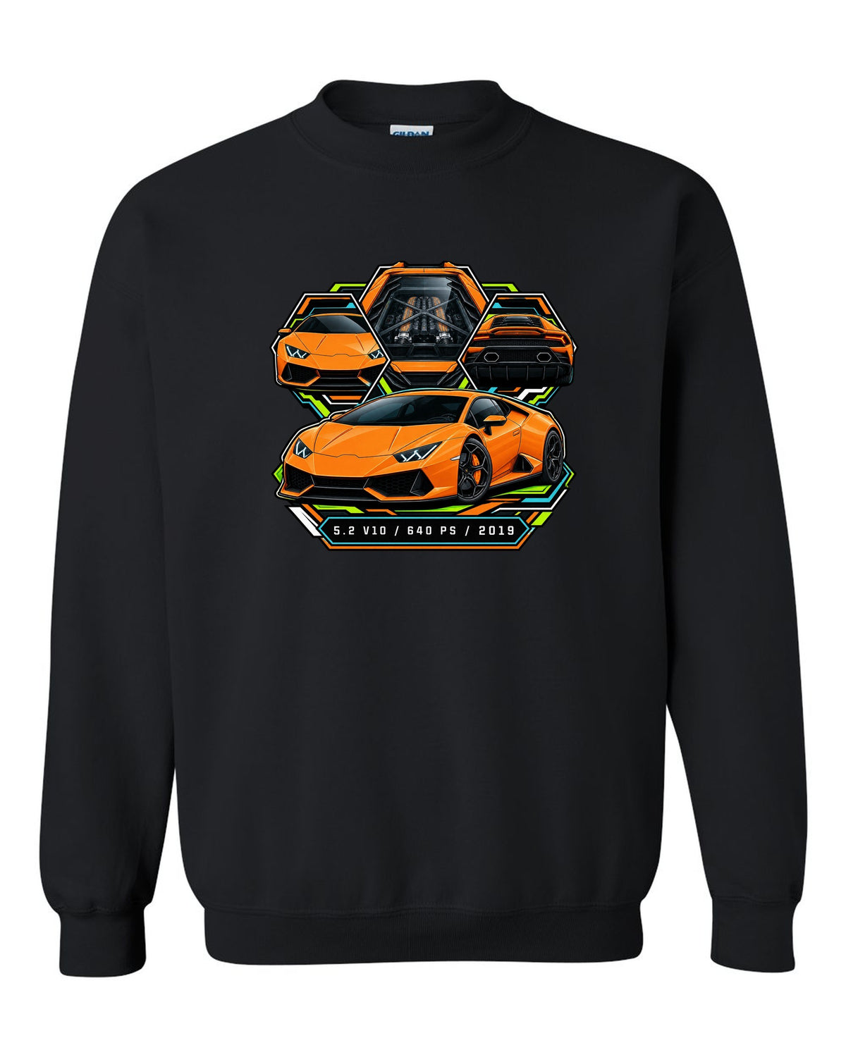 Spec-sheet data plate with a Lamborghini Huracan Evo LP640-4 and text 5.2 V10 / 640 PS / 2019 black crewneck front view with the design