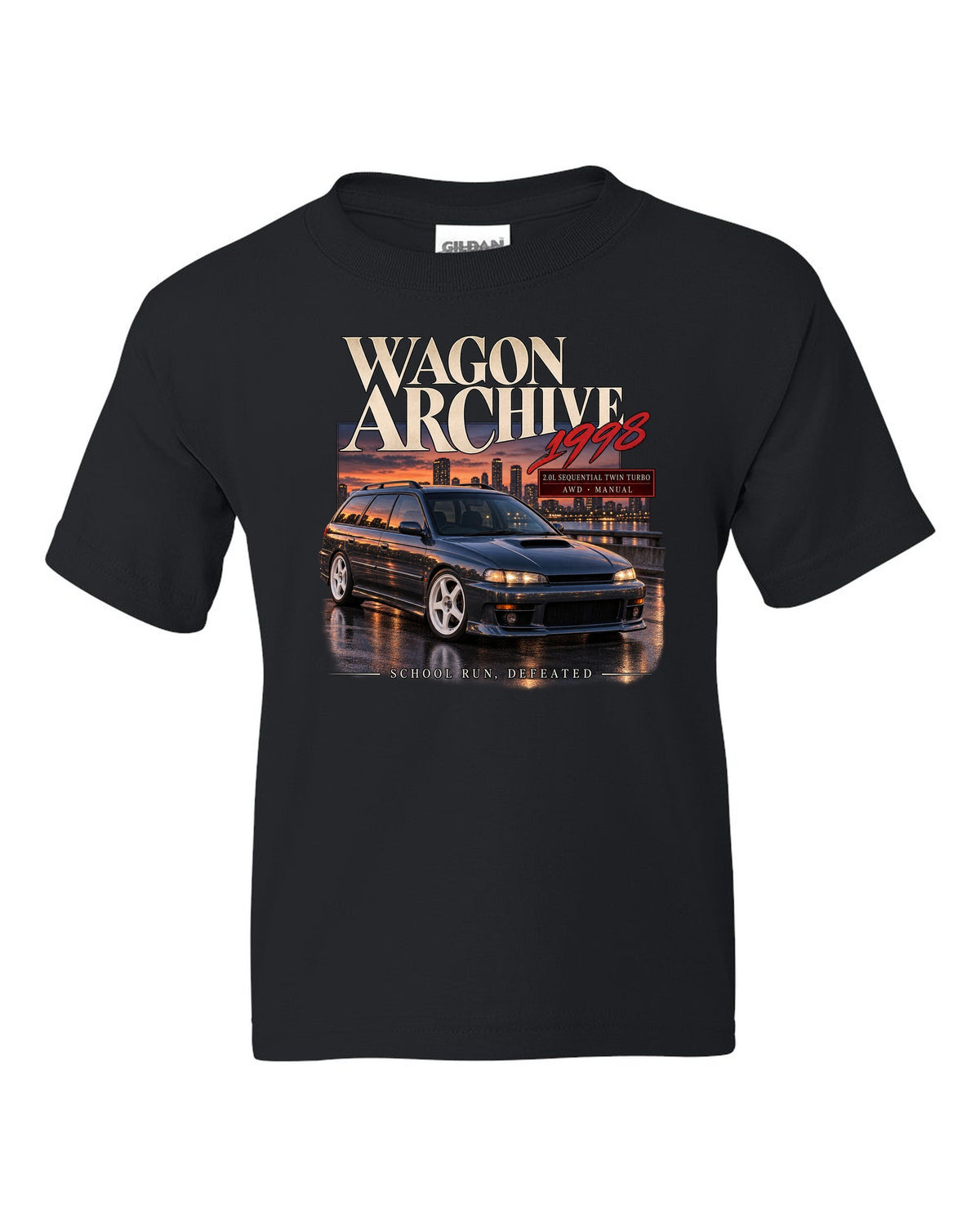 Wagon archive print for the Subaru Legacy GT-B BH5 reading 2.0L sequential twin turbo, school run, defeated black kids tee front view with the design