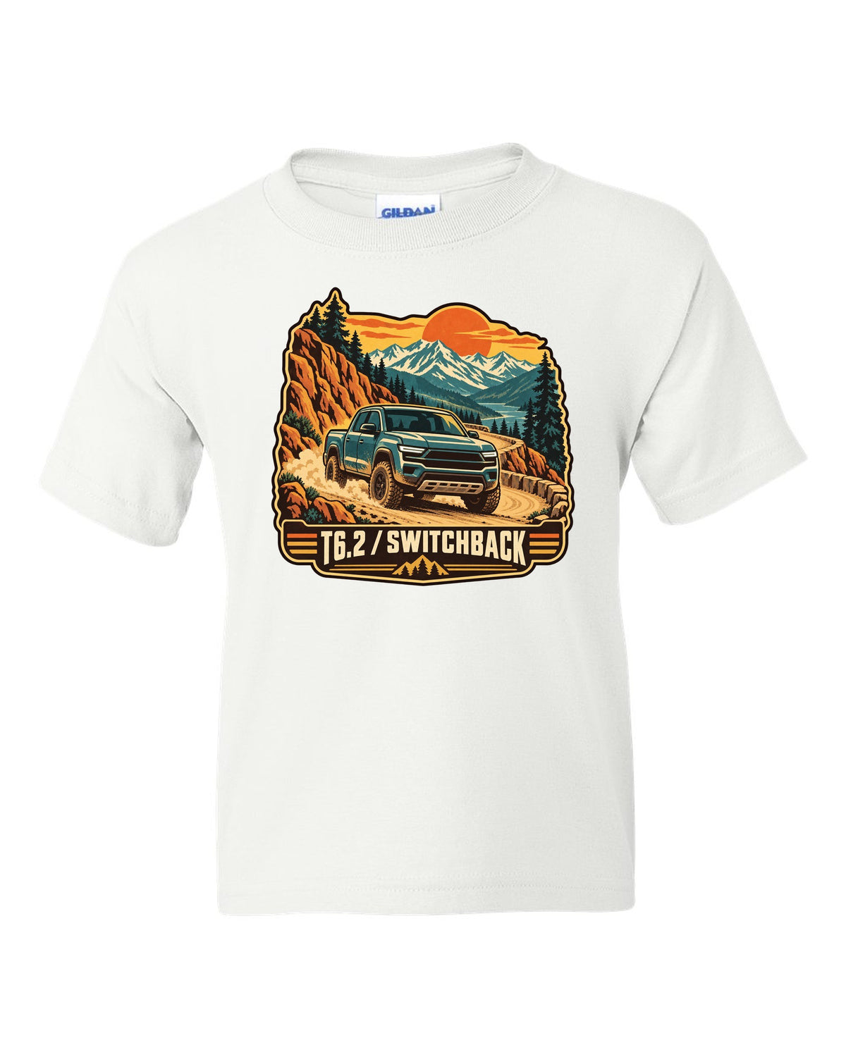 Vintage travel poster print of a 2022-present Ford Ranger T6.2 P703 on a switchback road white kids tee front view with the design