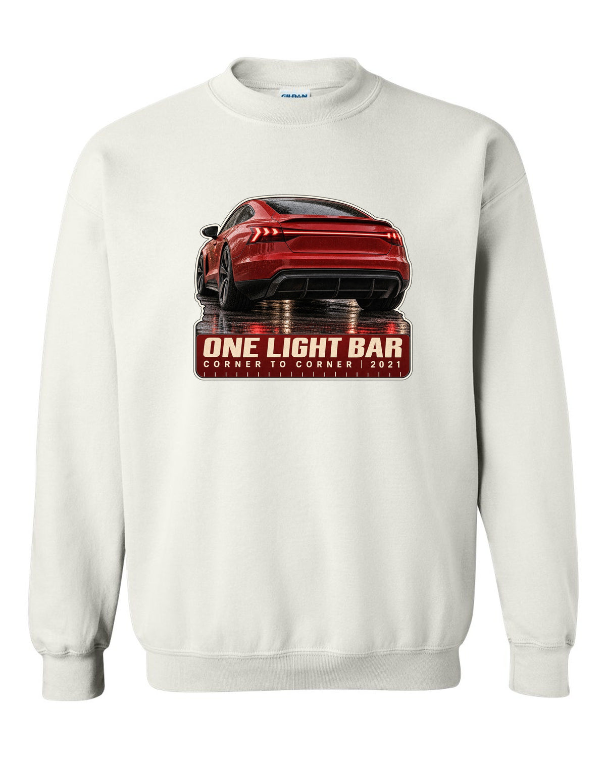 Audi RS e-tron GT rear light bar macro print design white crewneck front view with the design
