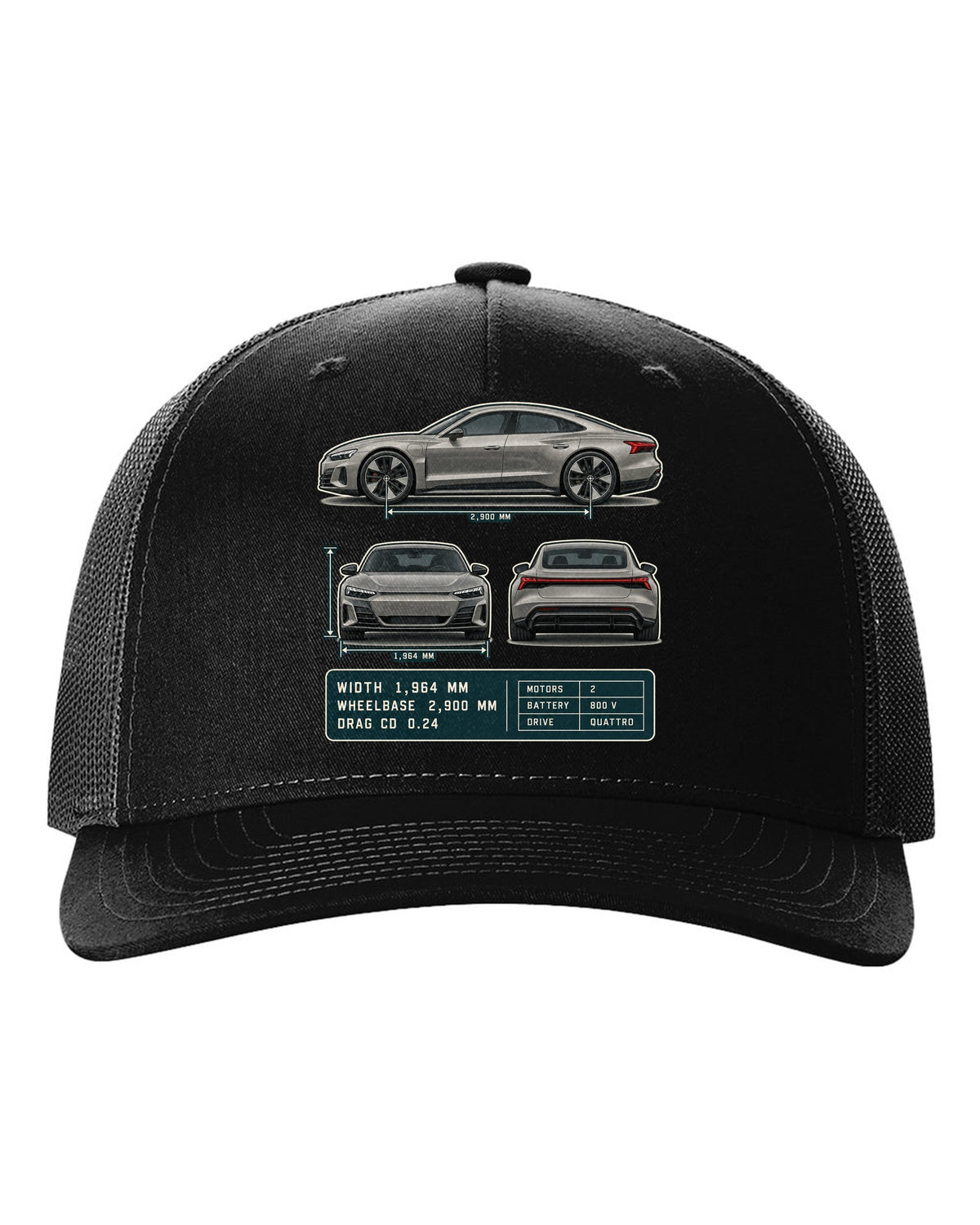 Audi RS e-tron GT Three-View Spec Table Tee, Cd 0.24 Car black hat front view with the design