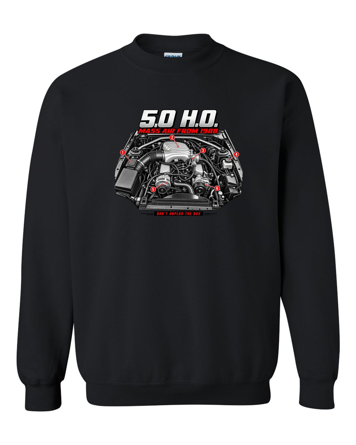 print of a 1989 Ford Mustang Fox Body 5.0 H.O. engine bay black crewneck front view with the design